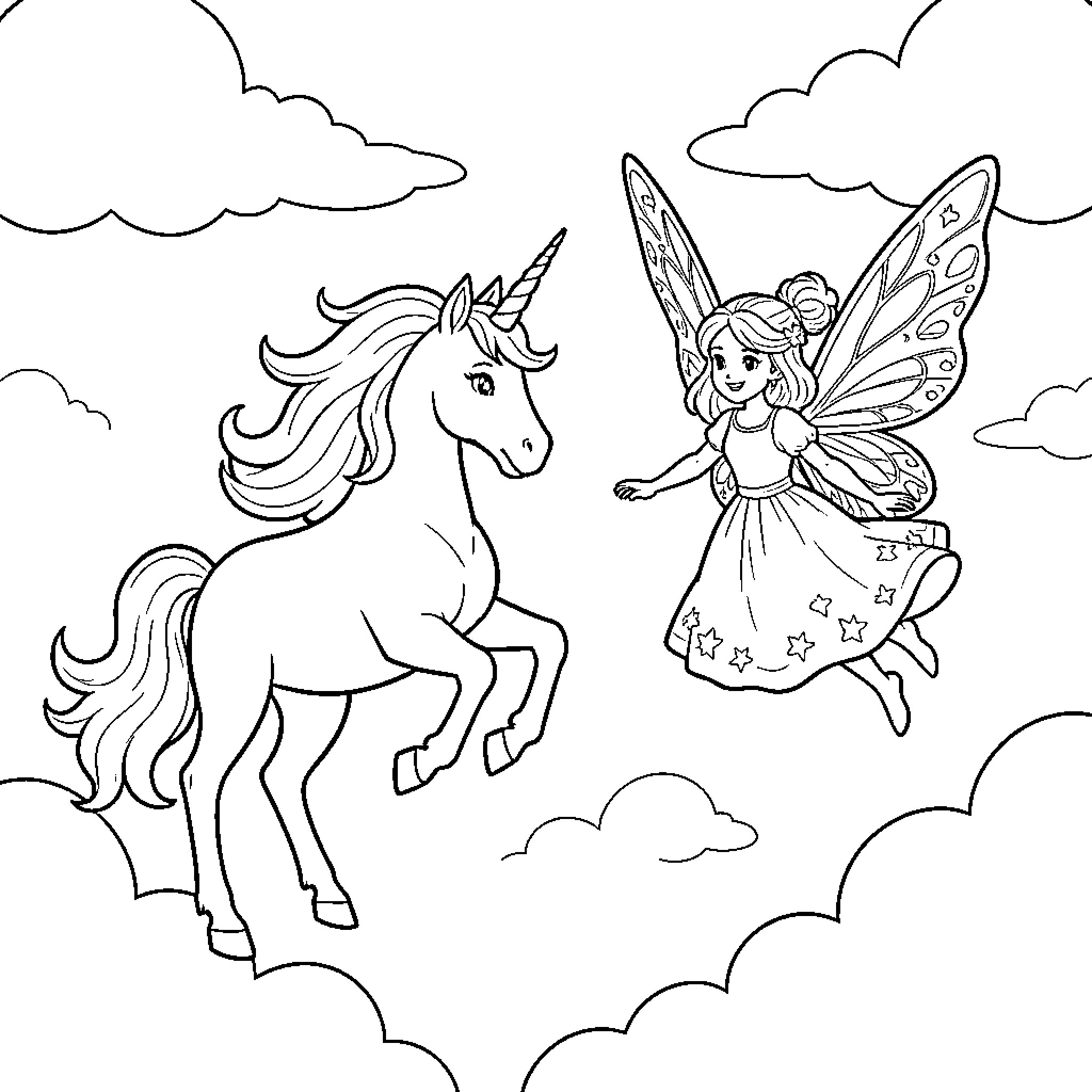 Unicorn meeting a flying fairy among the clouds Coloring Page (free black-and-white line drawing printable PDF for all, from beginners to advanced learners, including children, teens, adults, and seniors)
