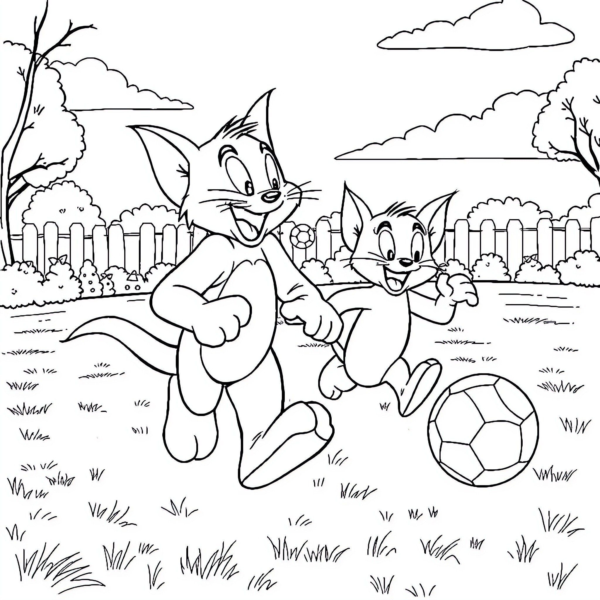 Tom and Jerry playing with a soccer ball in the park Coloring Page (free black-and-white line drawing printable PDF for all, from beginners to advanced learners, including children, teens, adults, and seniors)