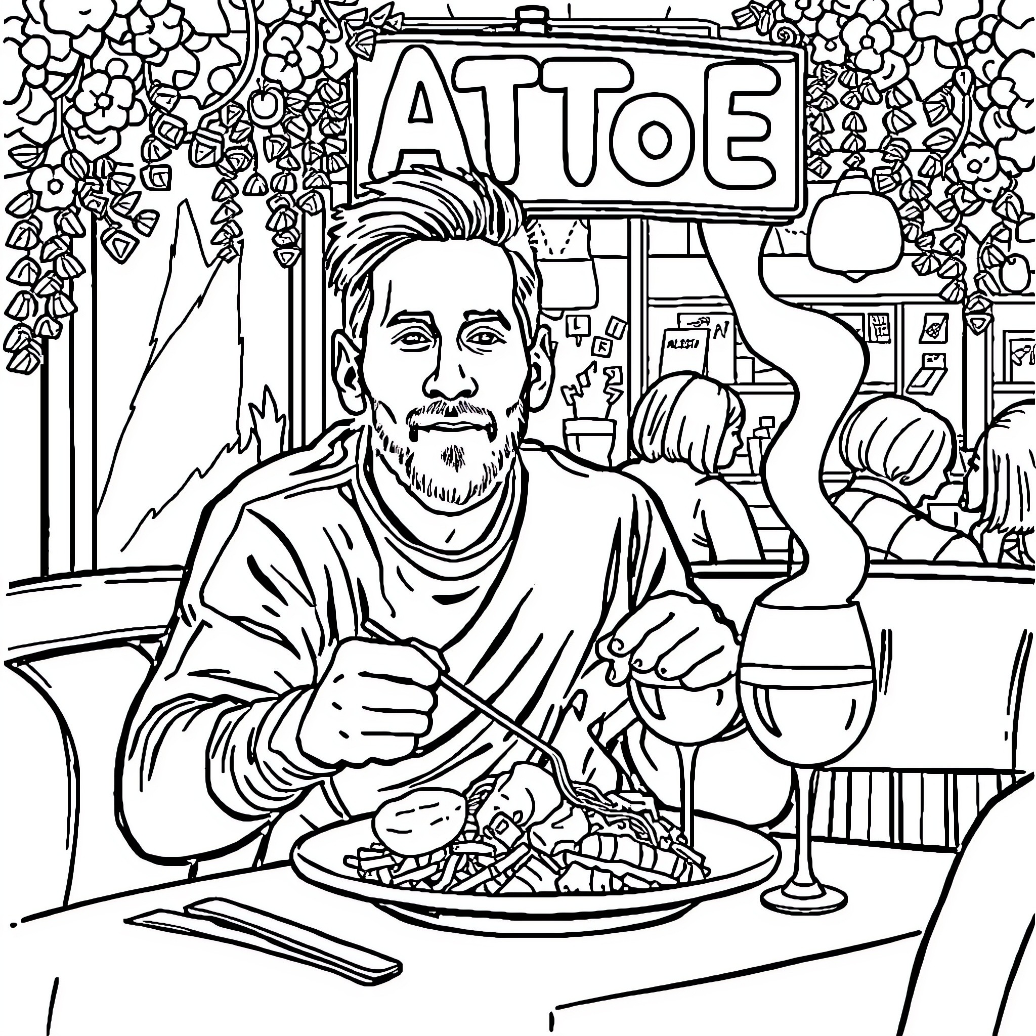 Messi enjoying a meal at a cafe Coloring Page (free black-and-white line drawing printable PDF for all, from beginners to advanced learners, including children, teens, adults, and seniors)