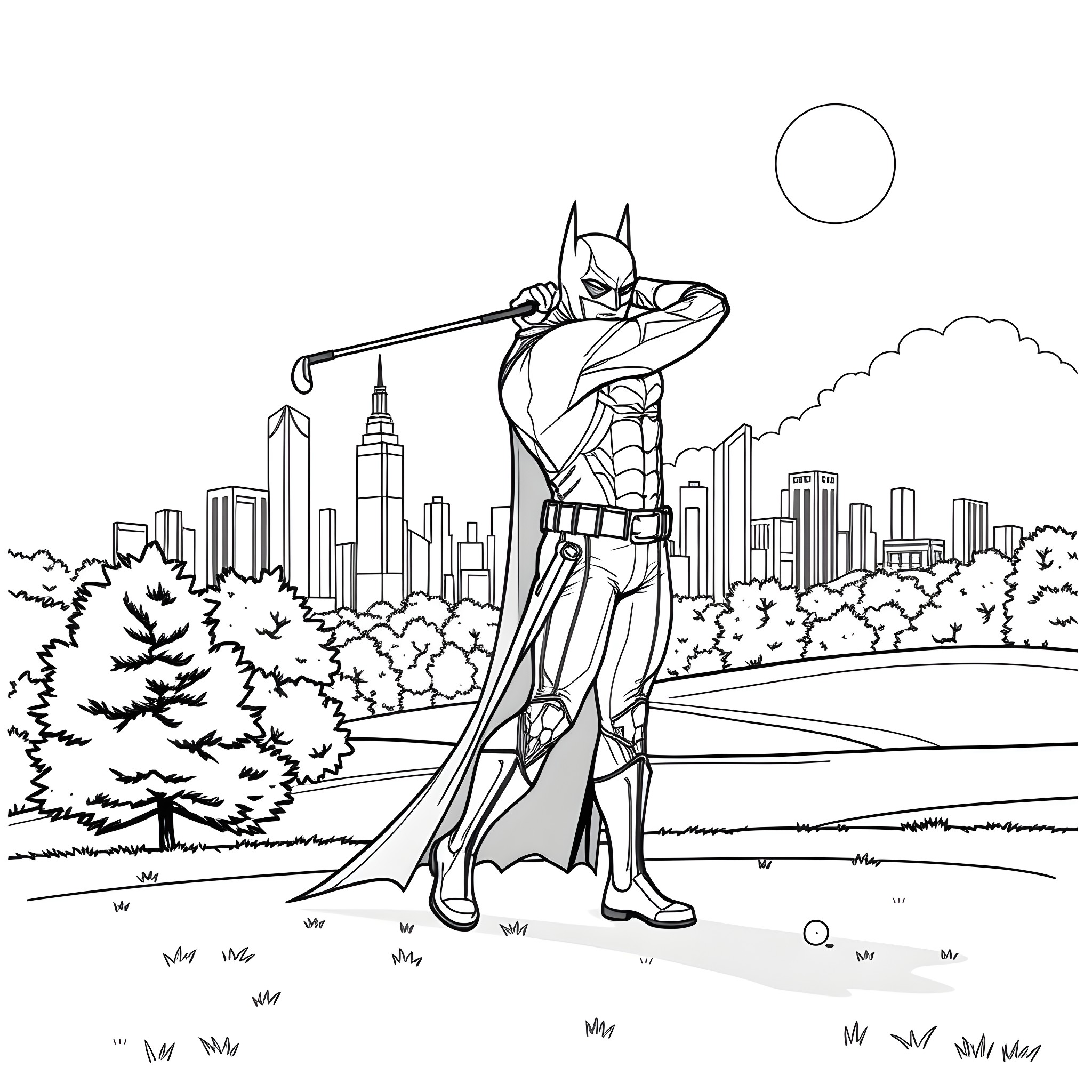Batman fighting crime in the city skyline Coloring Page (free black-and-white line drawing printable PDF for all, from beginners to advanced learners, including children, teens, adults, and seniors)