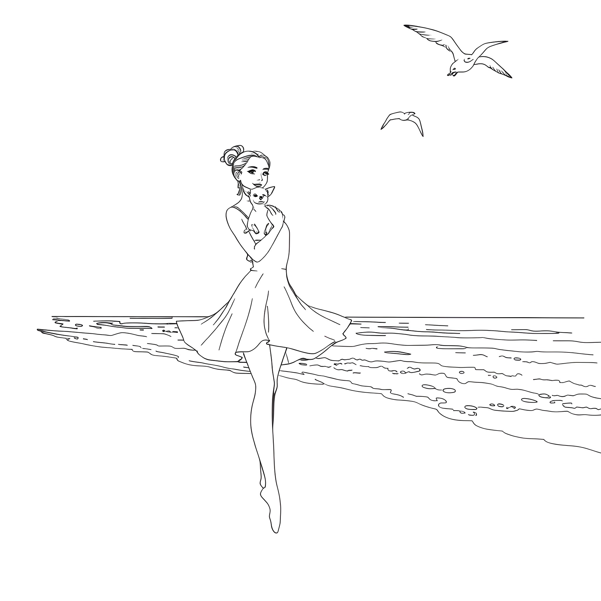 Ballerina dancing gracefully on the beach Coloring Page (free black-and-white line drawing printable PDF for all, from beginners to advanced learners, including children, teens, adults, and seniors)