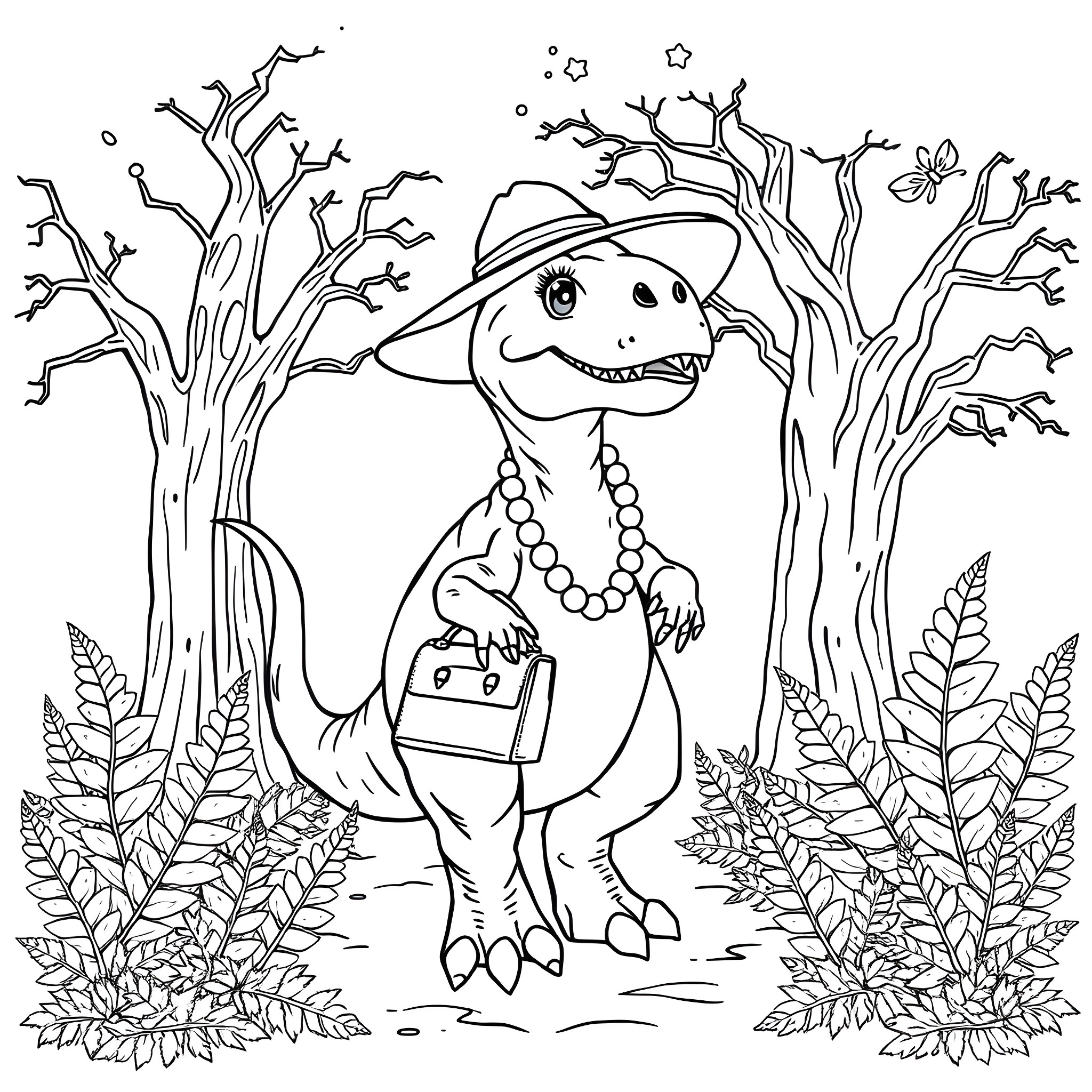 Dinosaur in a whimsical forest scene Coloring Page (free black-and-white line drawing printable PDF for all, from beginners to advanced learners, including children, teens, adults, and seniors)