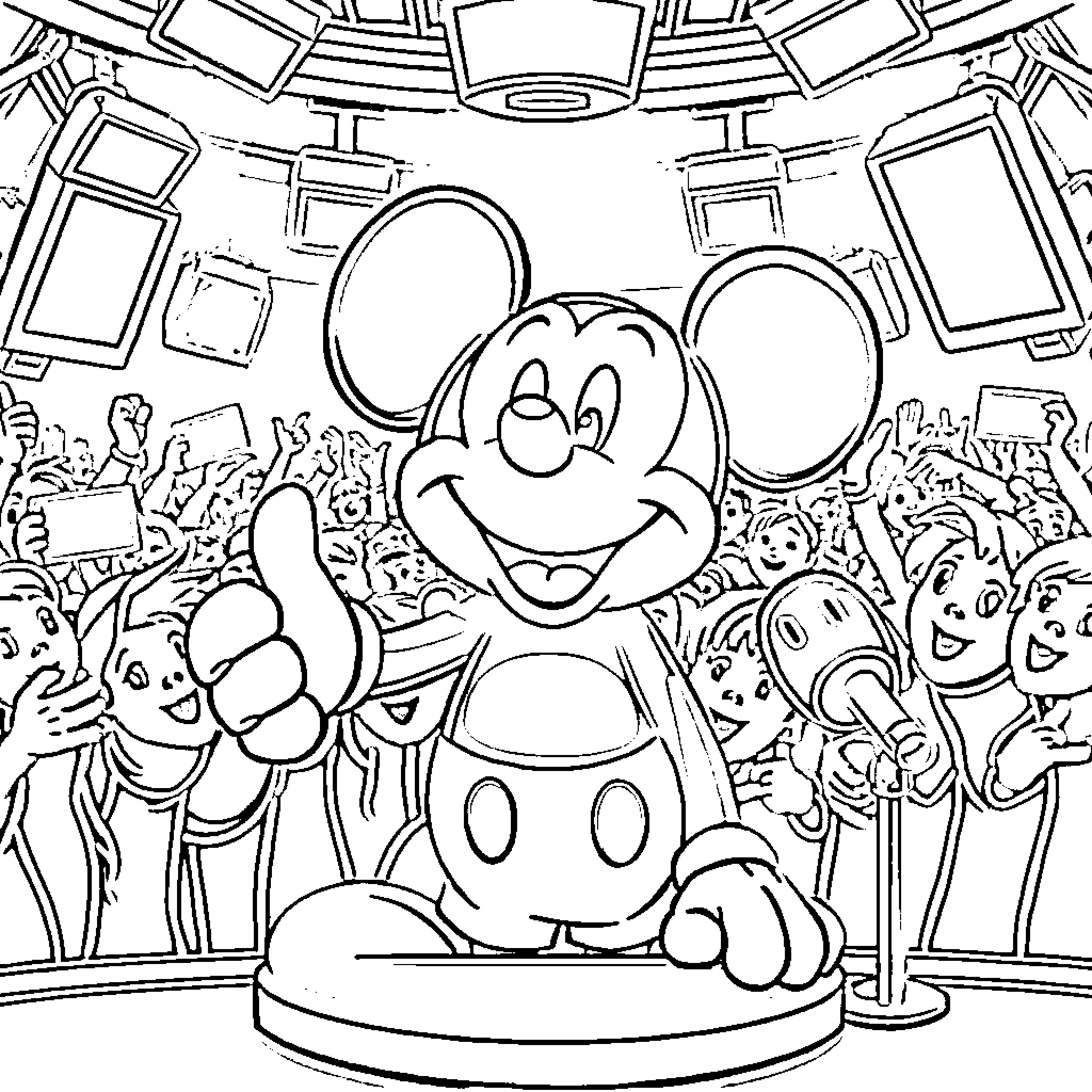Mickey Mouse Delighted by Adoring Crowd Coloring Page (free black-and-white line drawing printable PDF for all, from beginners to advanced learners, including children, teens, adults, and seniors)