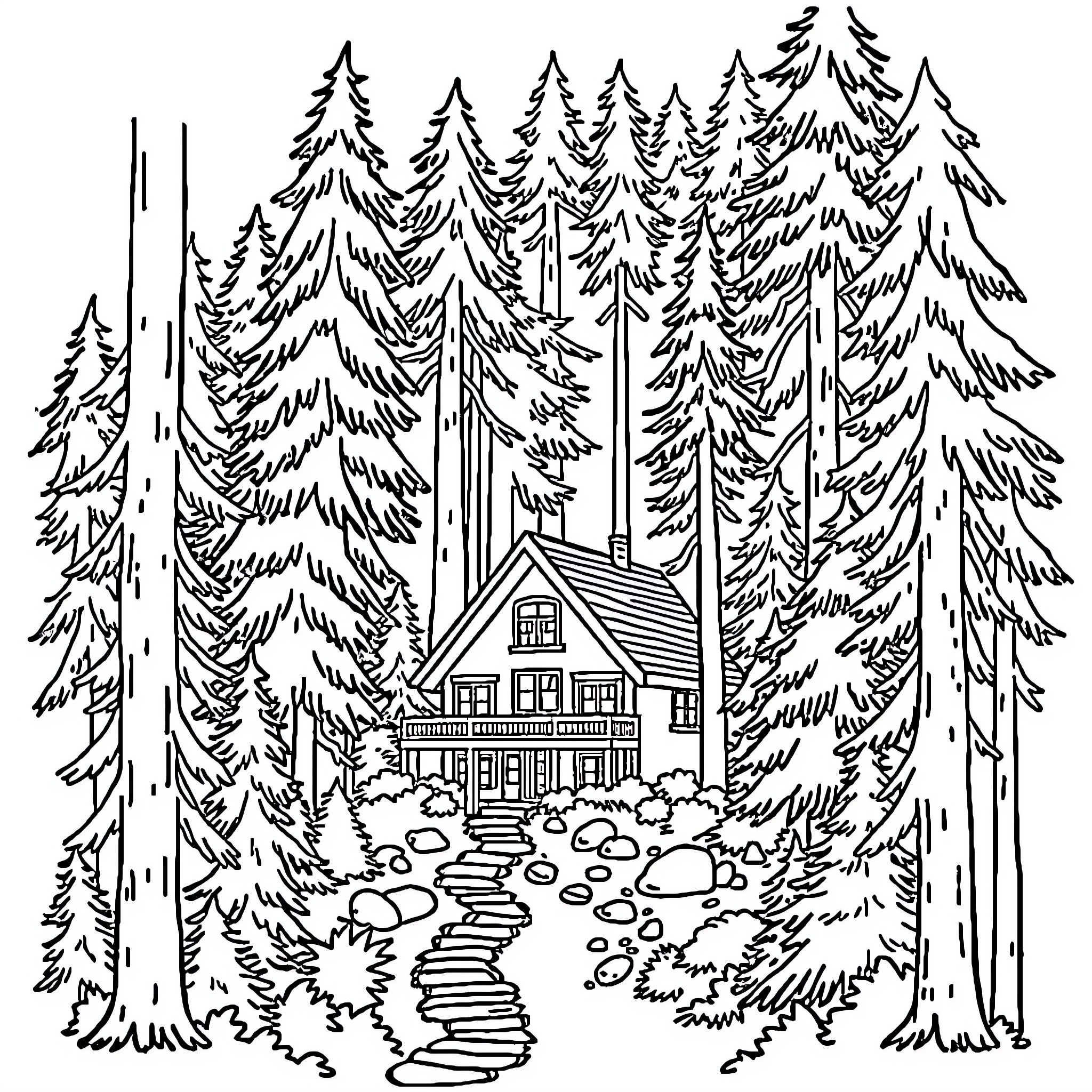 Home in the Cozy Forest Coloring Page (free black-and-white line drawing printable PDF for all, from beginners to advanced learners, including children, teens, adults, and seniors)