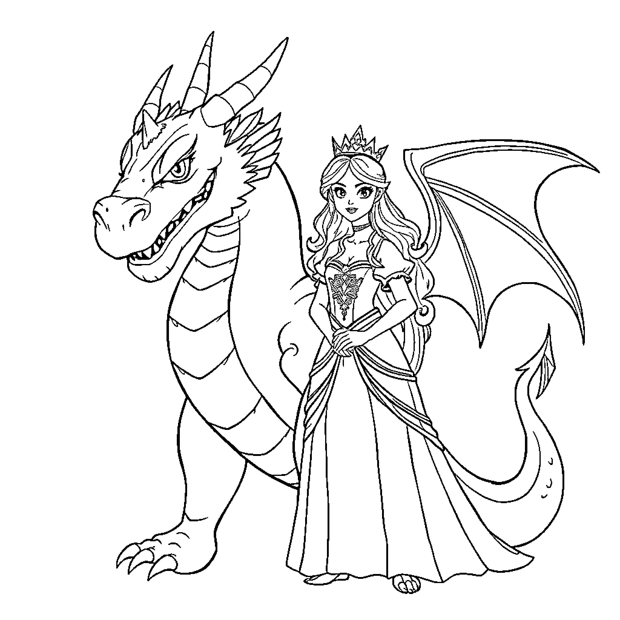 Princess and her Majestic Dragon Companion Coloring Page (free black-and-white line drawing printable PDF for all, from beginners to advanced learners, including children, teens, adults, and seniors)