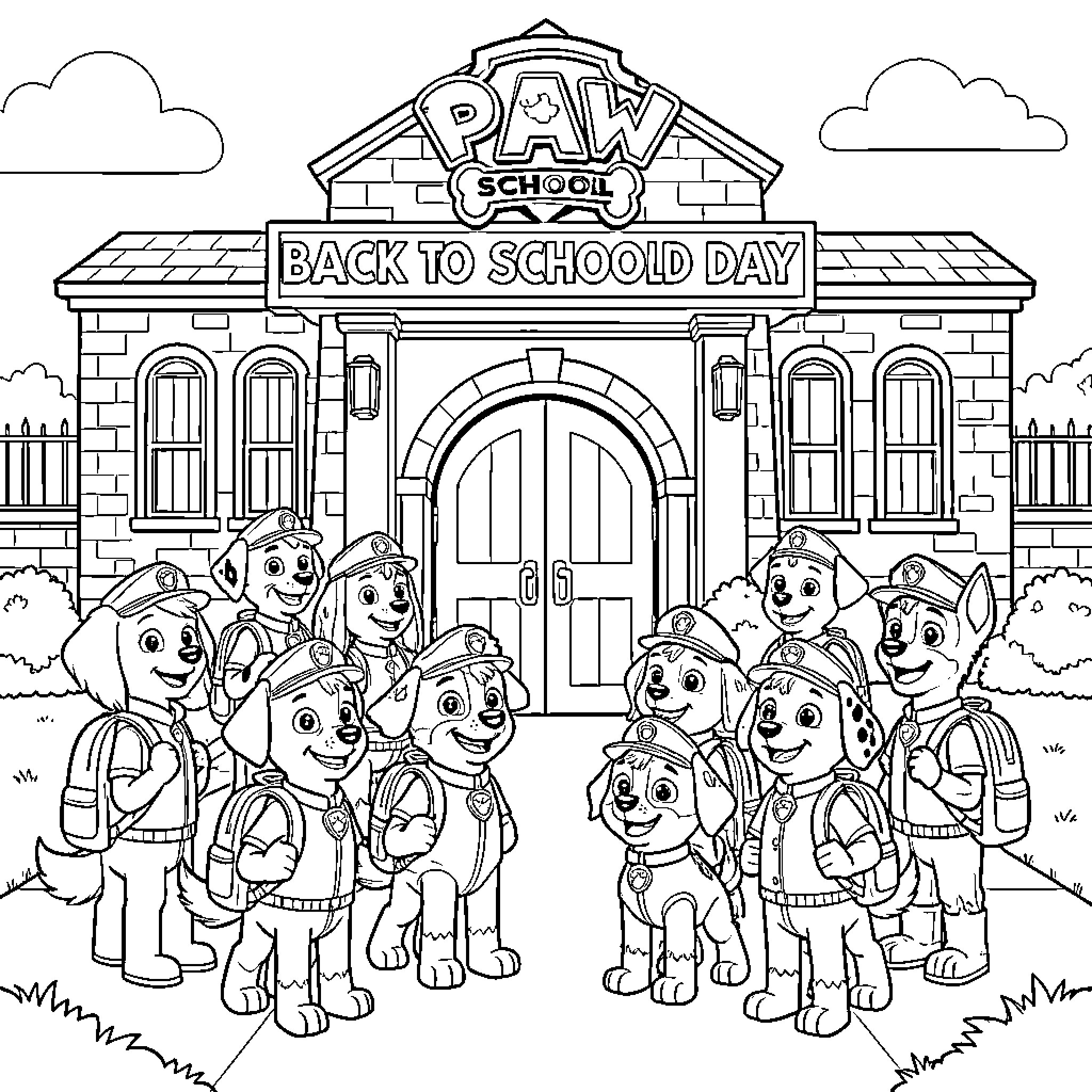 Paw Patrol pups celebrating back to school day Coloring Page (free black-and-white line drawing printable PDF for all, from beginners to advanced learners, including children, teens, adults, and seniors)