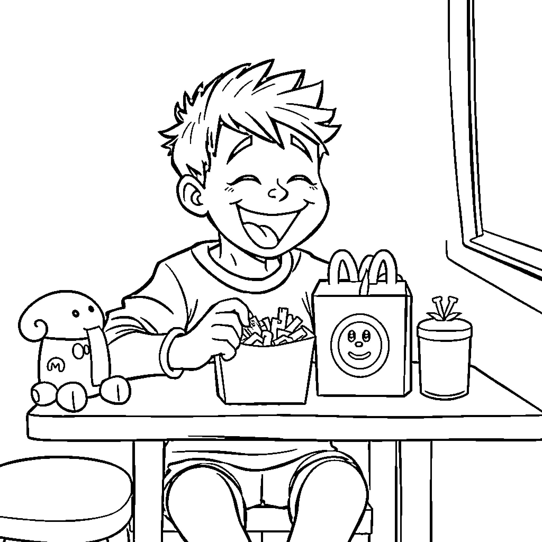 Yungblud playing with toys in the room Coloring Page (free black-and-white line drawing printable PDF for all, from beginners to advanced learners, including children, teens, adults, and seniors)