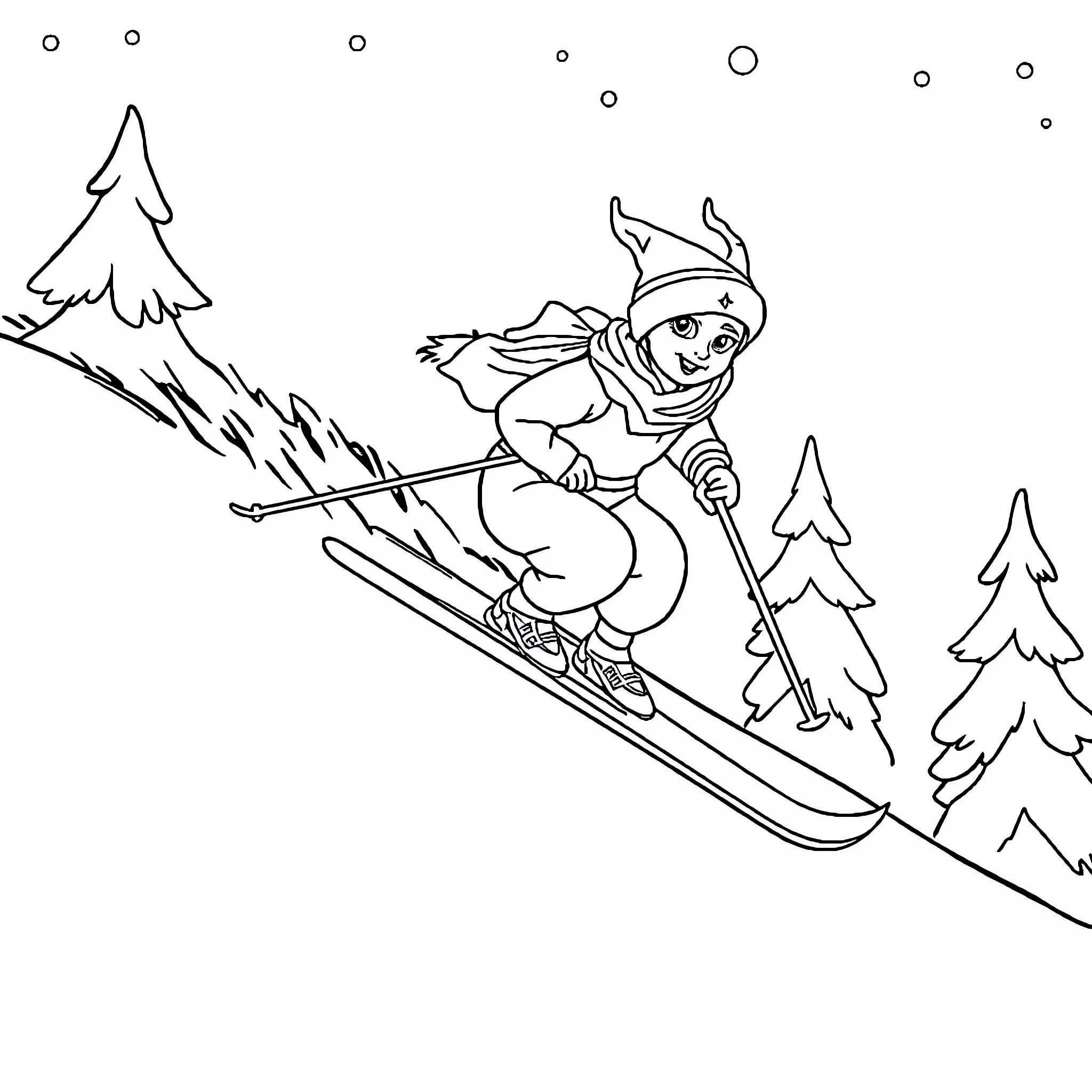 Snow Queen skiing down the snowy slope Coloring Page (free black-and-white line drawing printable PDF for all, from beginners to advanced learners, including children, teens, adults, and seniors)