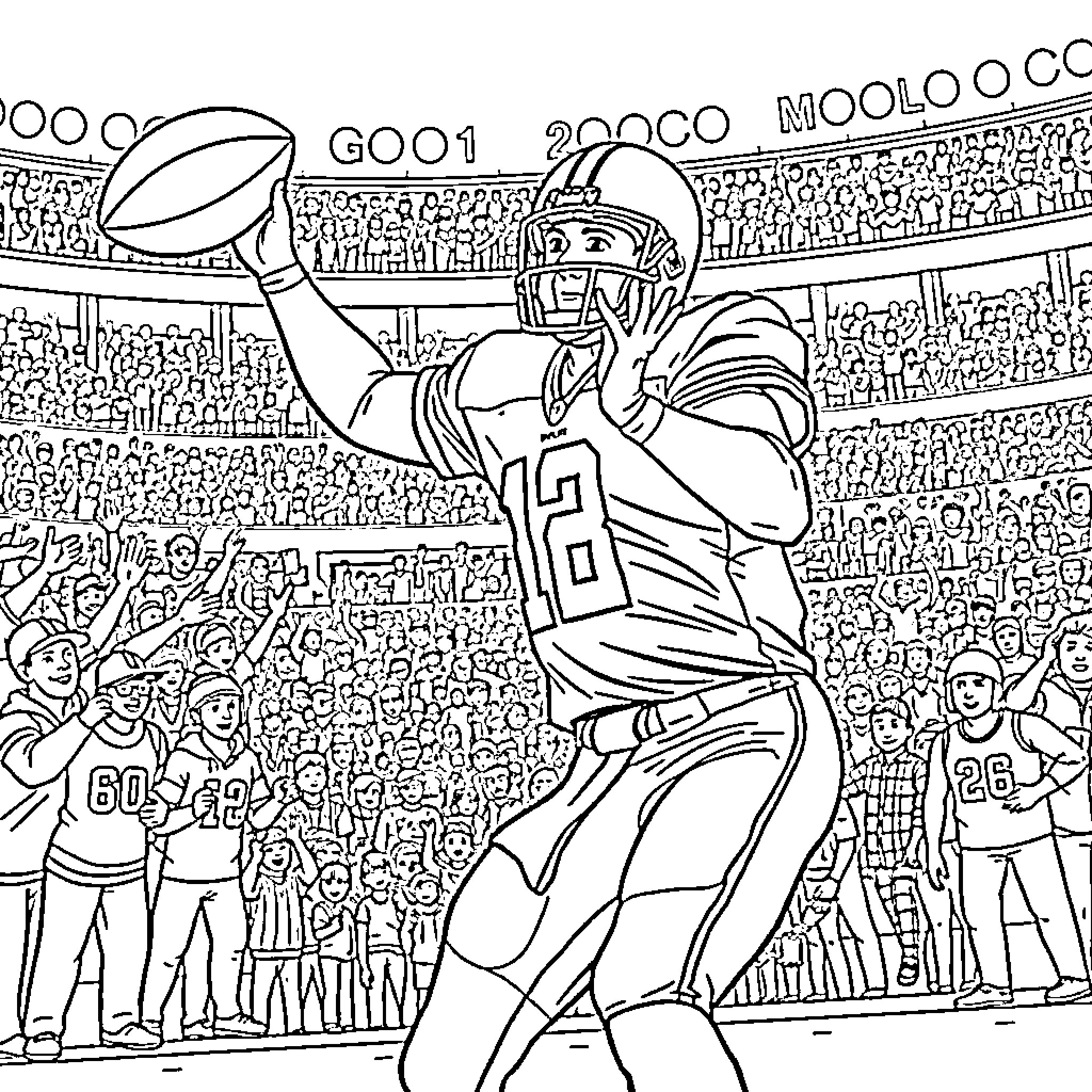 Quarterback making a touchdown pass in the big game Coloring Page (free black-and-white line drawing printable PDF for all, from beginners to advanced learners, including children, teens, adults, and seniors)