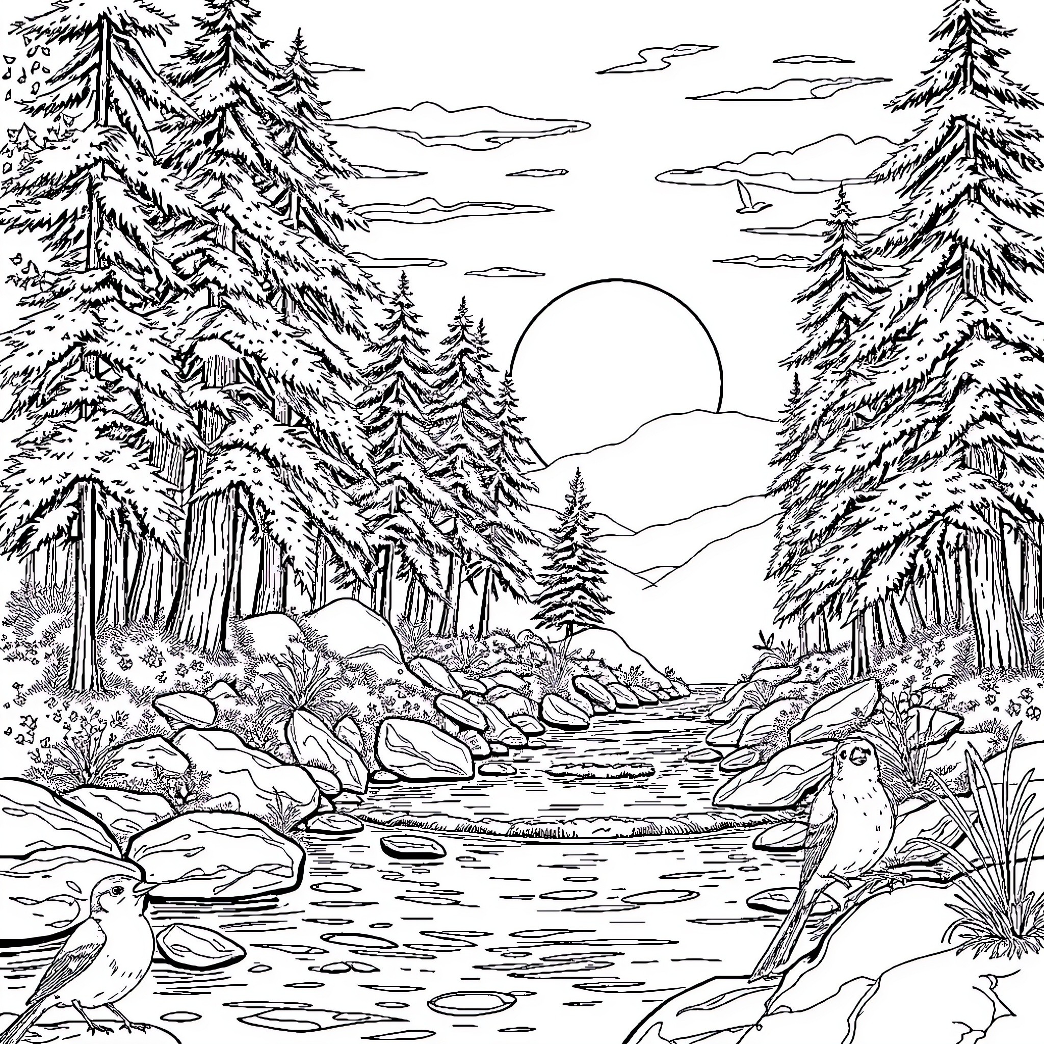 Sunrise in the snowy forest landscape Coloring Page (free black-and-white line drawing printable PDF for all, from beginners to advanced learners, including children, teens, adults, and seniors)