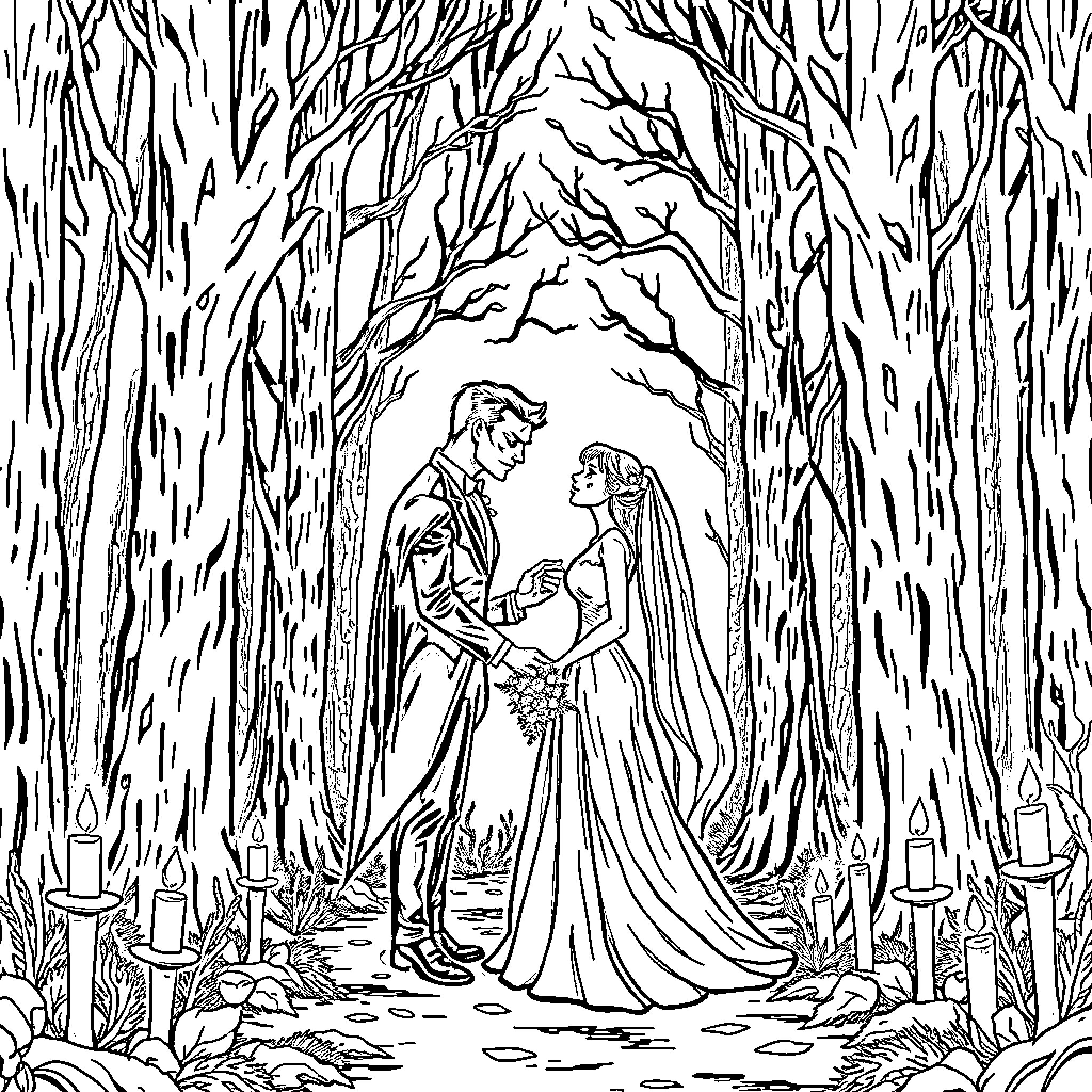 Vampire couple's romantic wedding in enchanted forest Coloring Page (free black-and-white line drawing printable PDF for all, from beginners to advanced learners, including children, teens, adults, and seniors)