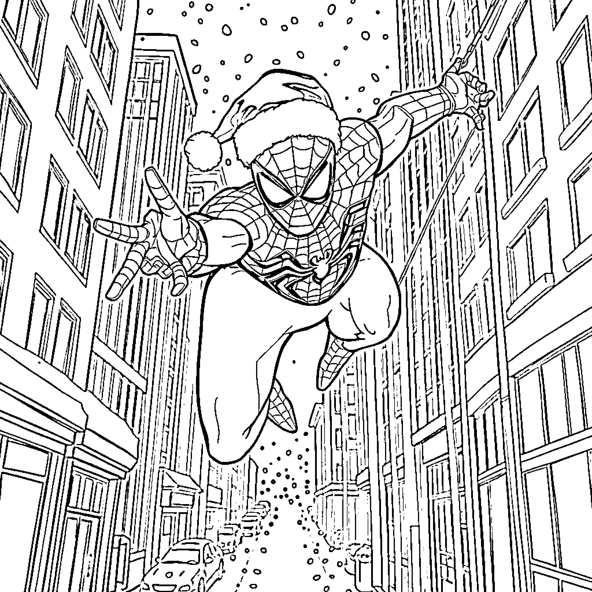 Spider-Man swinging through the city streets Coloring Page (free black-and-white line drawing printable PDF for all, from beginners to advanced learners, including children, teens, adults, and seniors)