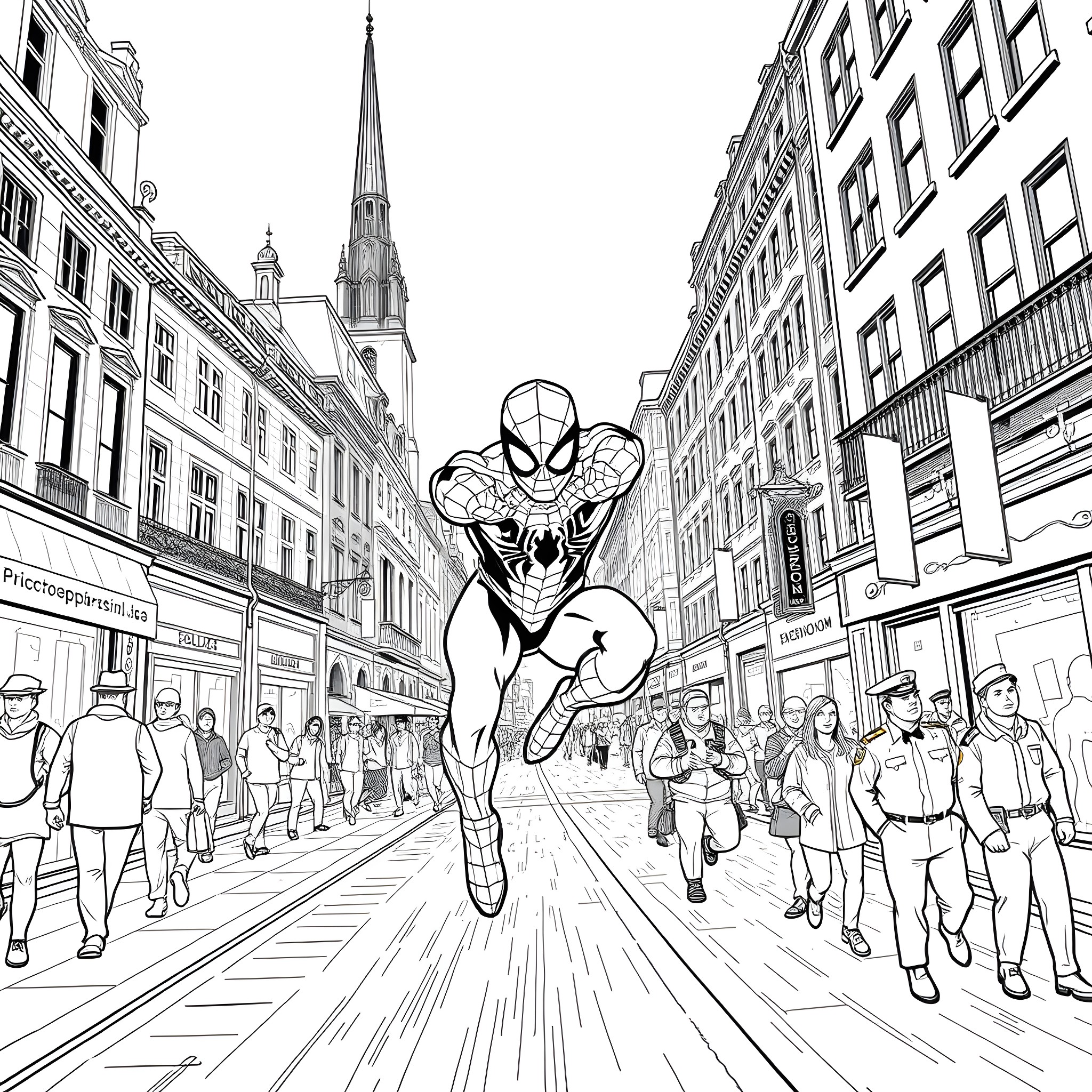 Spiderman swinging through the busy city streets Coloring Page (free black-and-white line drawing printable PDF for all, from beginners to advanced learners, including children, teens, adults, and seniors)