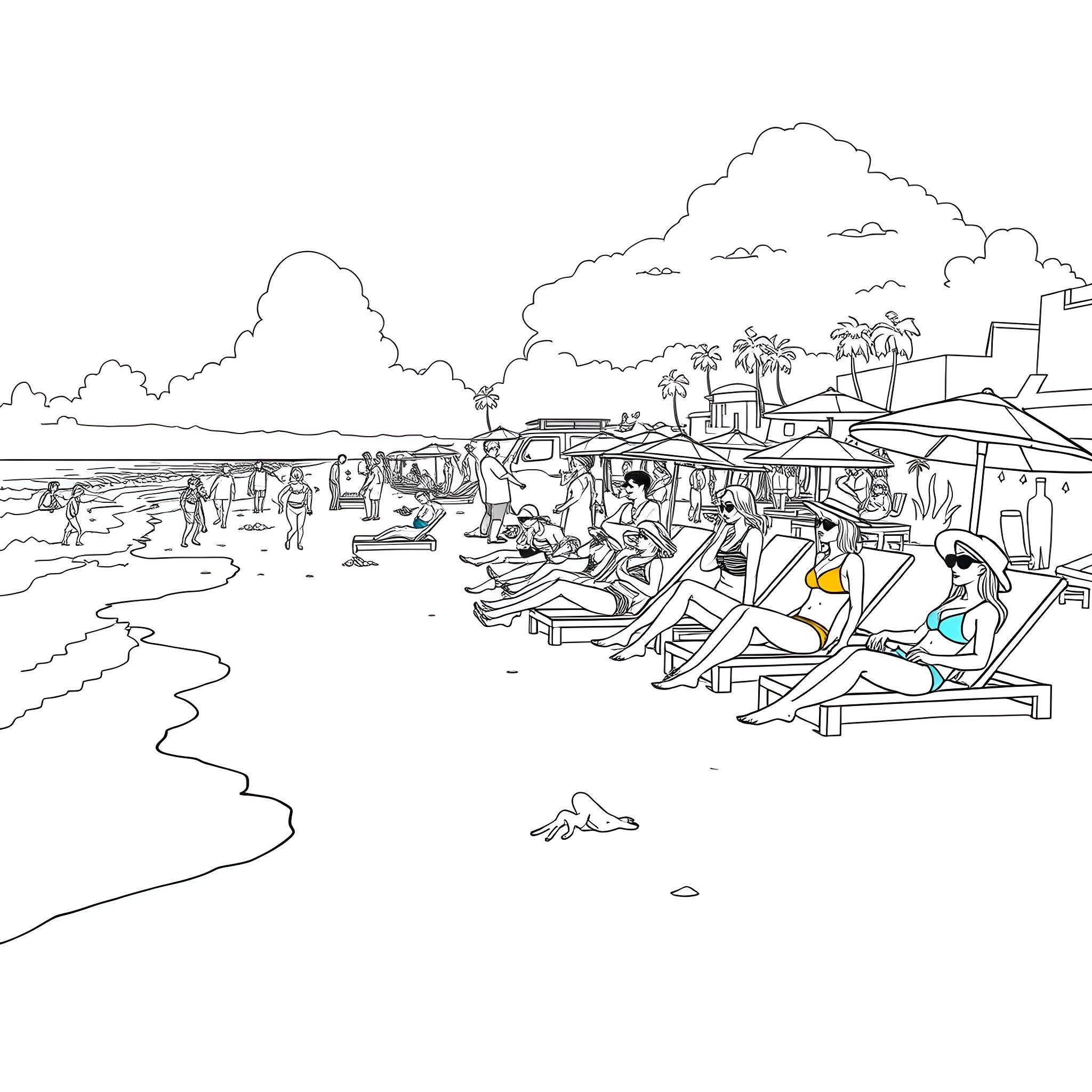Bikini-clad beachgoers relaxing and socializing Coloring Page (free black-and-white line drawing printable PDF for all, from beginners to advanced learners, including children, teens, adults, and seniors)