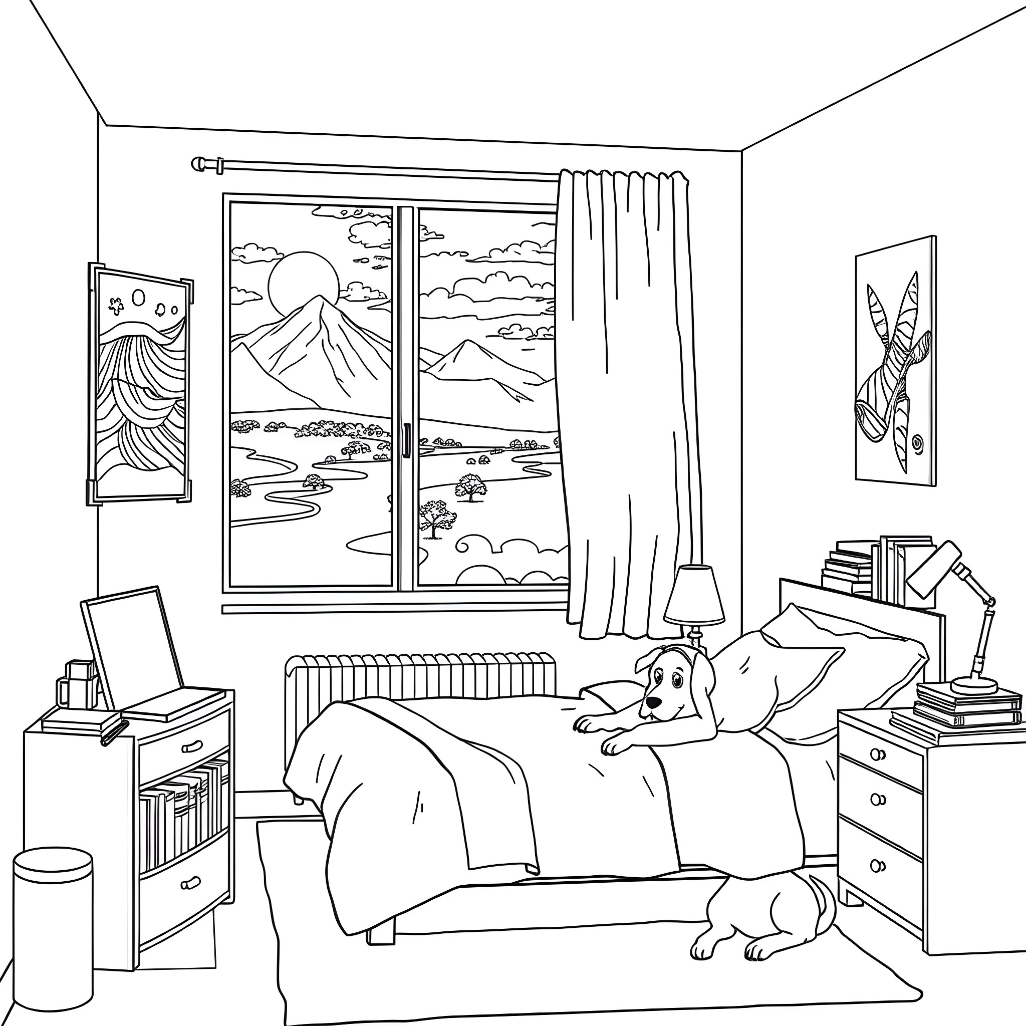 Boy resting on bed in cozy bedroom Coloring Page (free black-and-white line drawing printable PDF for all, from beginners to advanced learners, including children, teens, adults, and seniors)