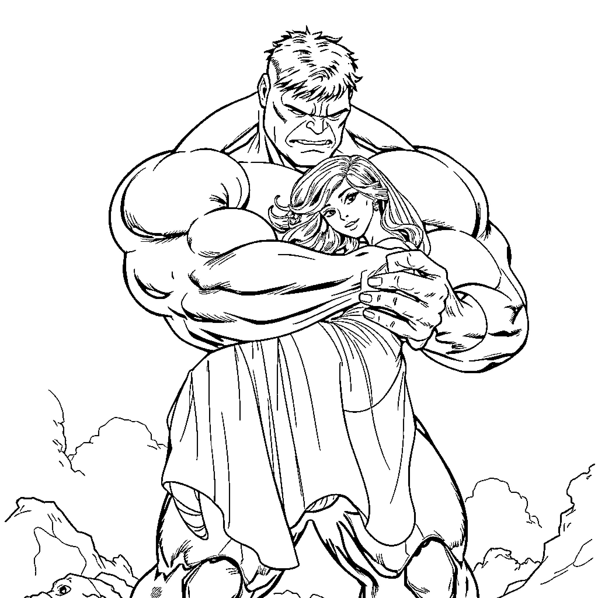 Hulk carrying a person in a dramatic scene Coloring Page (free black-and-white line drawing printable PDF for all, from beginners to advanced learners, including children, teens, adults, and seniors)