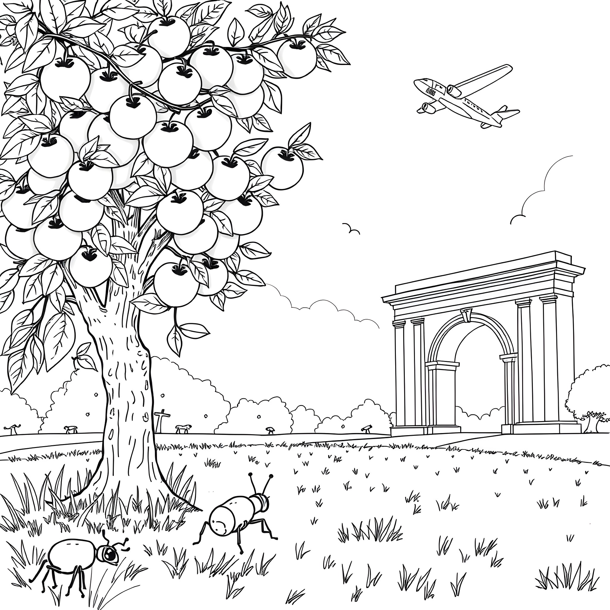 A Scenic Landscape with Apple Tree and Monument Coloring Page (free black-and-white line drawing printable PDF for all, from beginners to advanced learners, including children, teens, adults, and seniors)