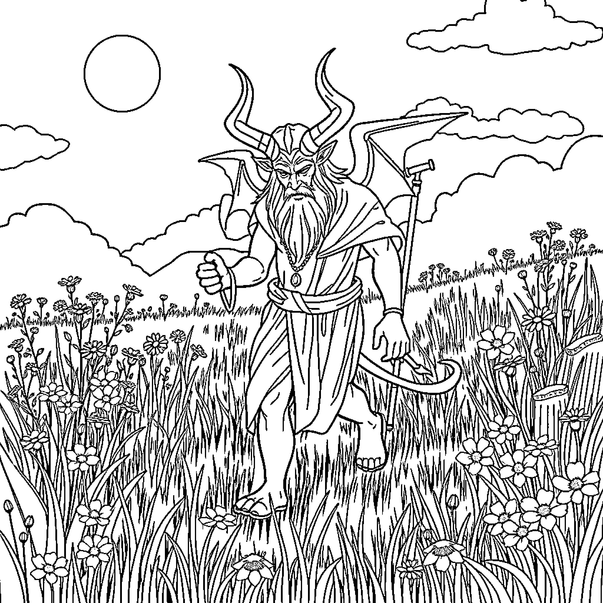 Satan's Demonic Presence in the Enchanted Meadow Coloring Page (free black-and-white line drawing printable PDF for all, from beginners to advanced learners, including children, teens, adults, and seniors)