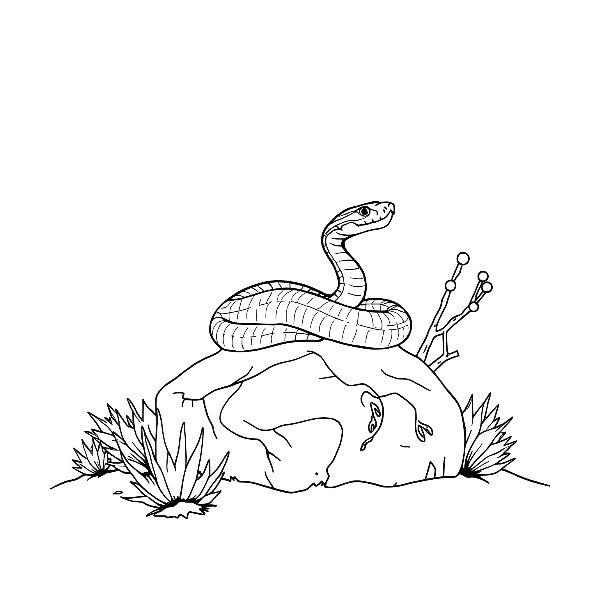 Rattle Snake coiled in the grass Coloring Page (free black-and-white line drawing printable PDF for all, from beginners to advanced learners, including children, teens, adults, and seniors)