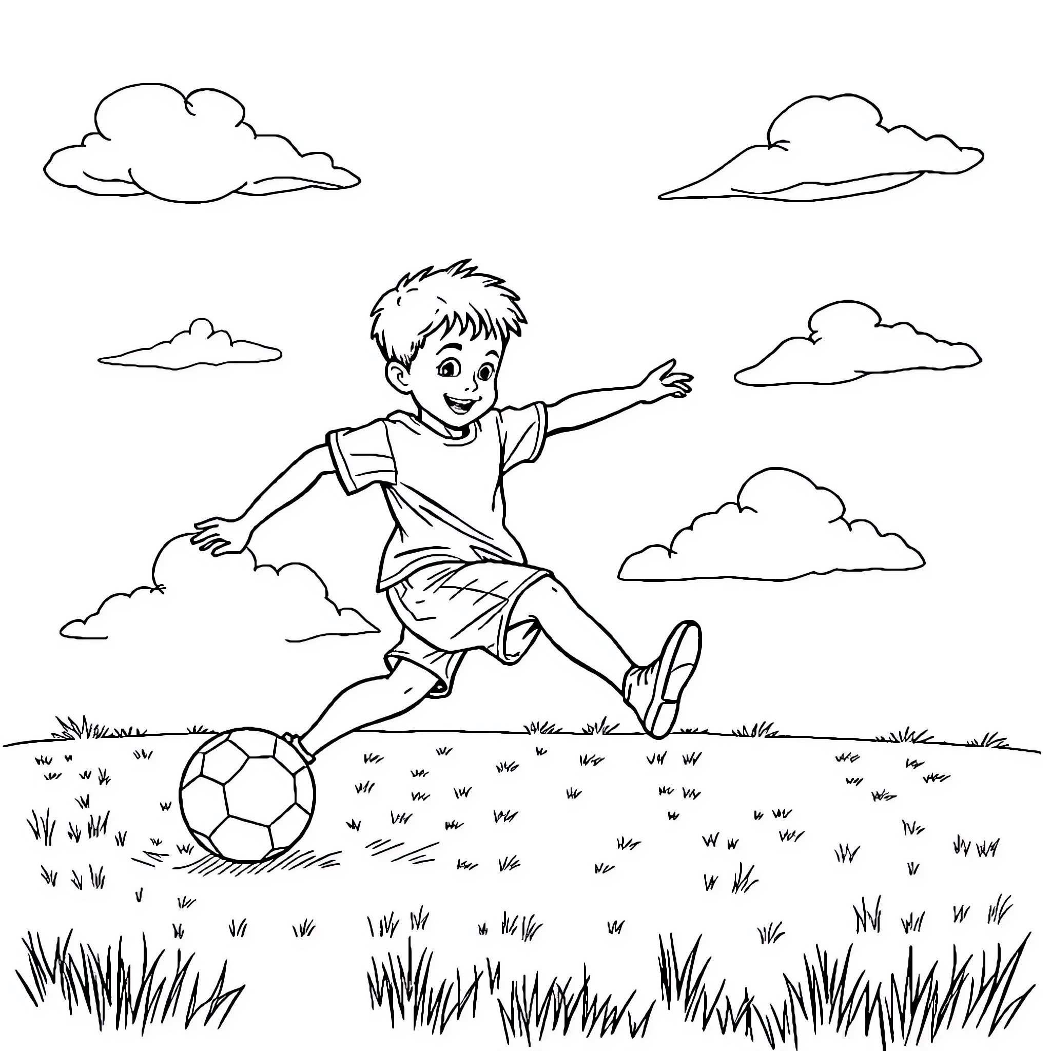Boy kicking soccer ball joyfully in the field Coloring Page (free black-and-white line drawing printable PDF for all, from beginners to advanced learners, including children, teens, adults, and seniors)