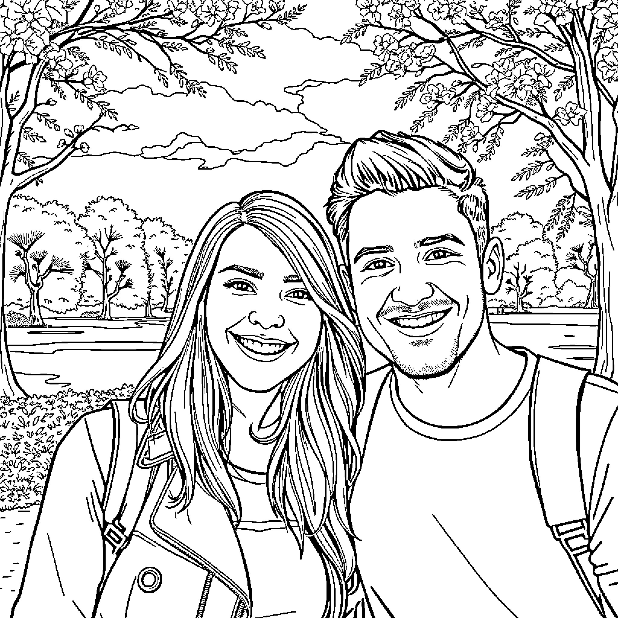 Couple enjoying the outdoors in nature Coloring Page (free black-and-white line drawing printable PDF for all, from beginners to advanced learners, including children, teens, adults, and seniors)
