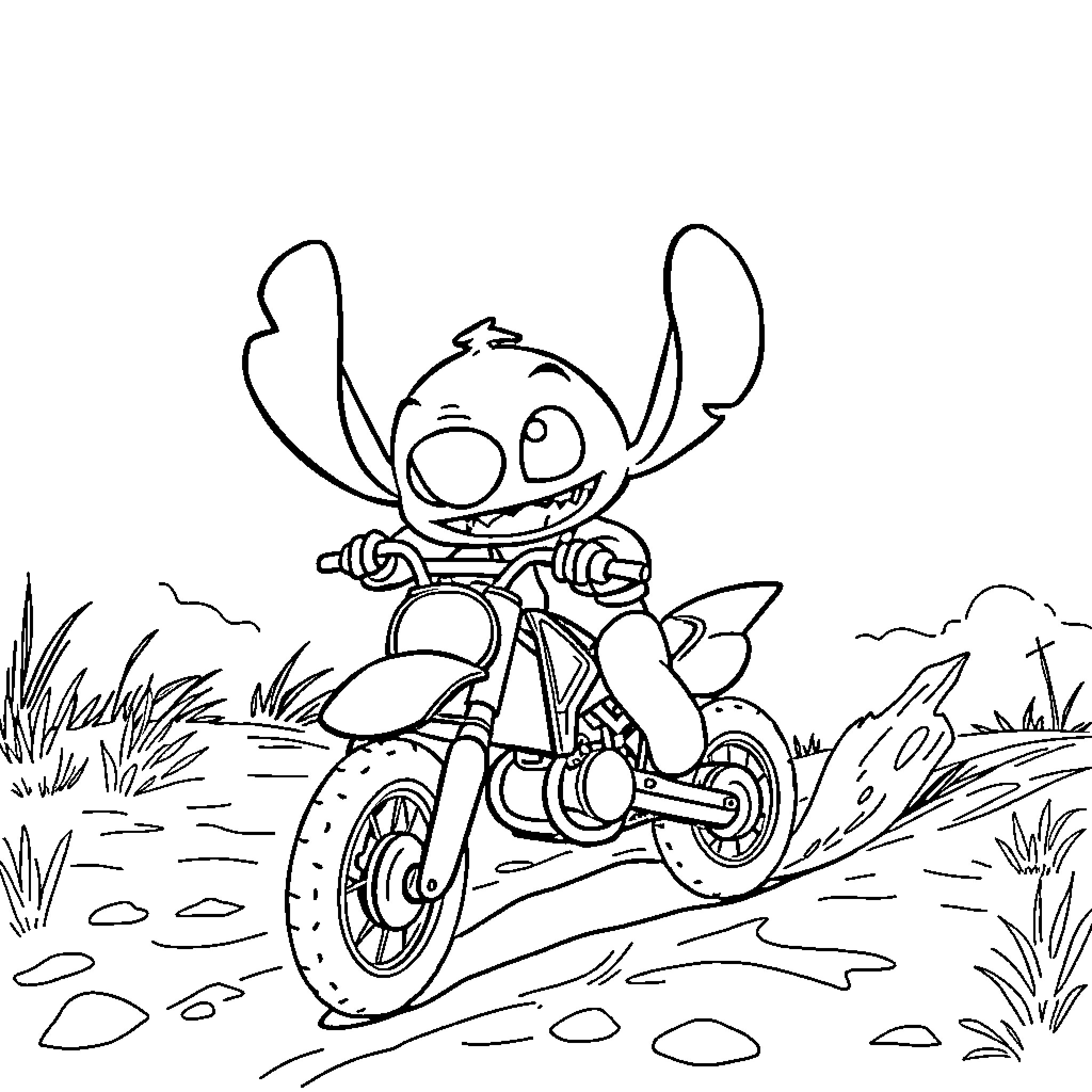 Stitch riding his motorcycle in the wild Coloring Page (free black-and-white line drawing printable PDF for all, from beginners to advanced learners, including children, teens, adults, and seniors)