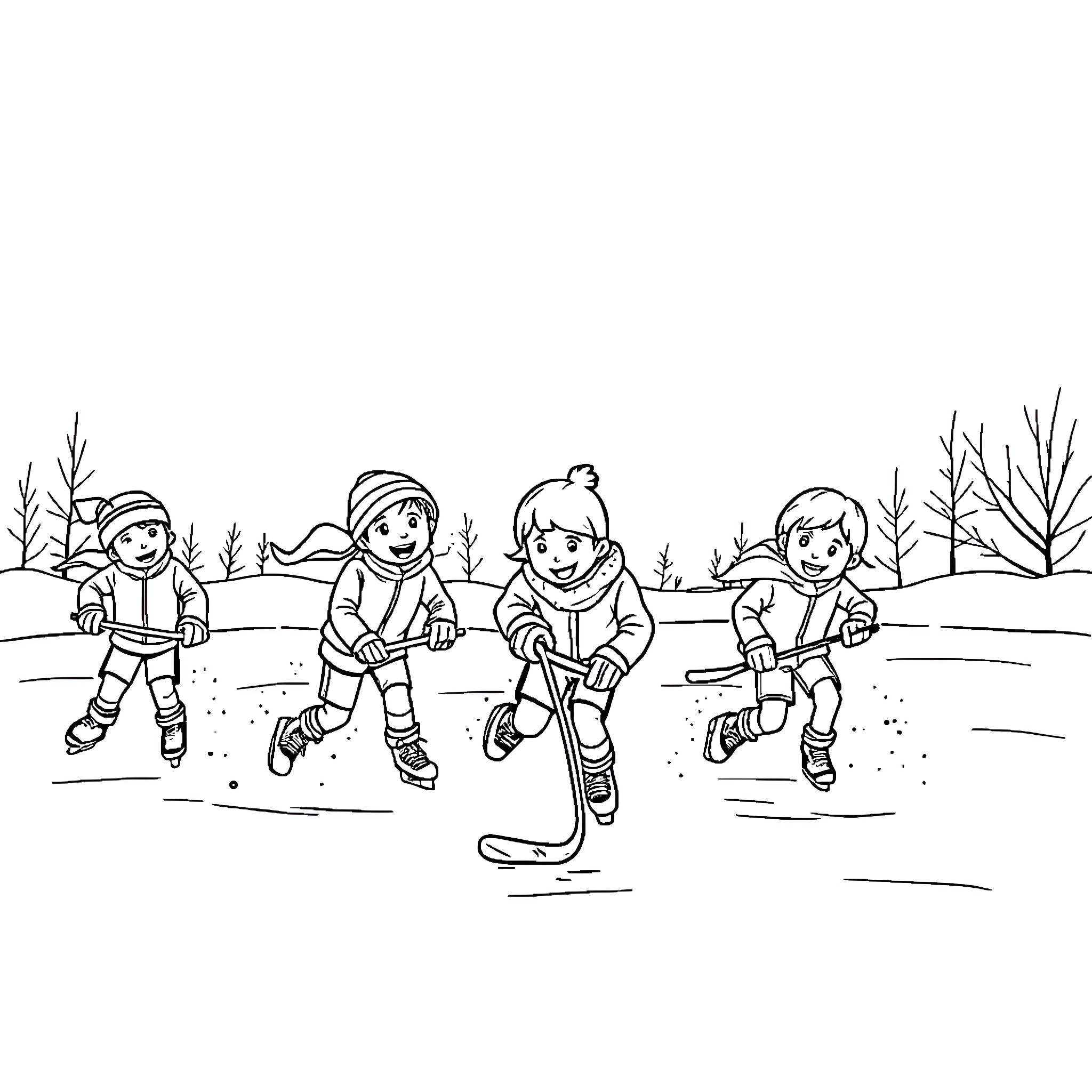 Kids playing hockey on snowy field Coloring Page (free black-and-white line drawing printable PDF for all, from beginners to advanced learners, including children, teens, adults, and seniors)