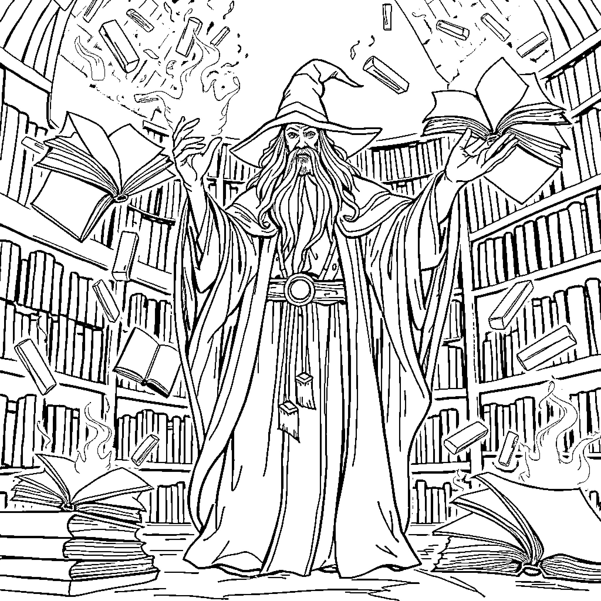 Wizard in a magical library surrounded by books Coloring Page (free black-and-white line drawing printable PDF for all, from beginners to advanced learners, including children, teens, adults, and seniors)