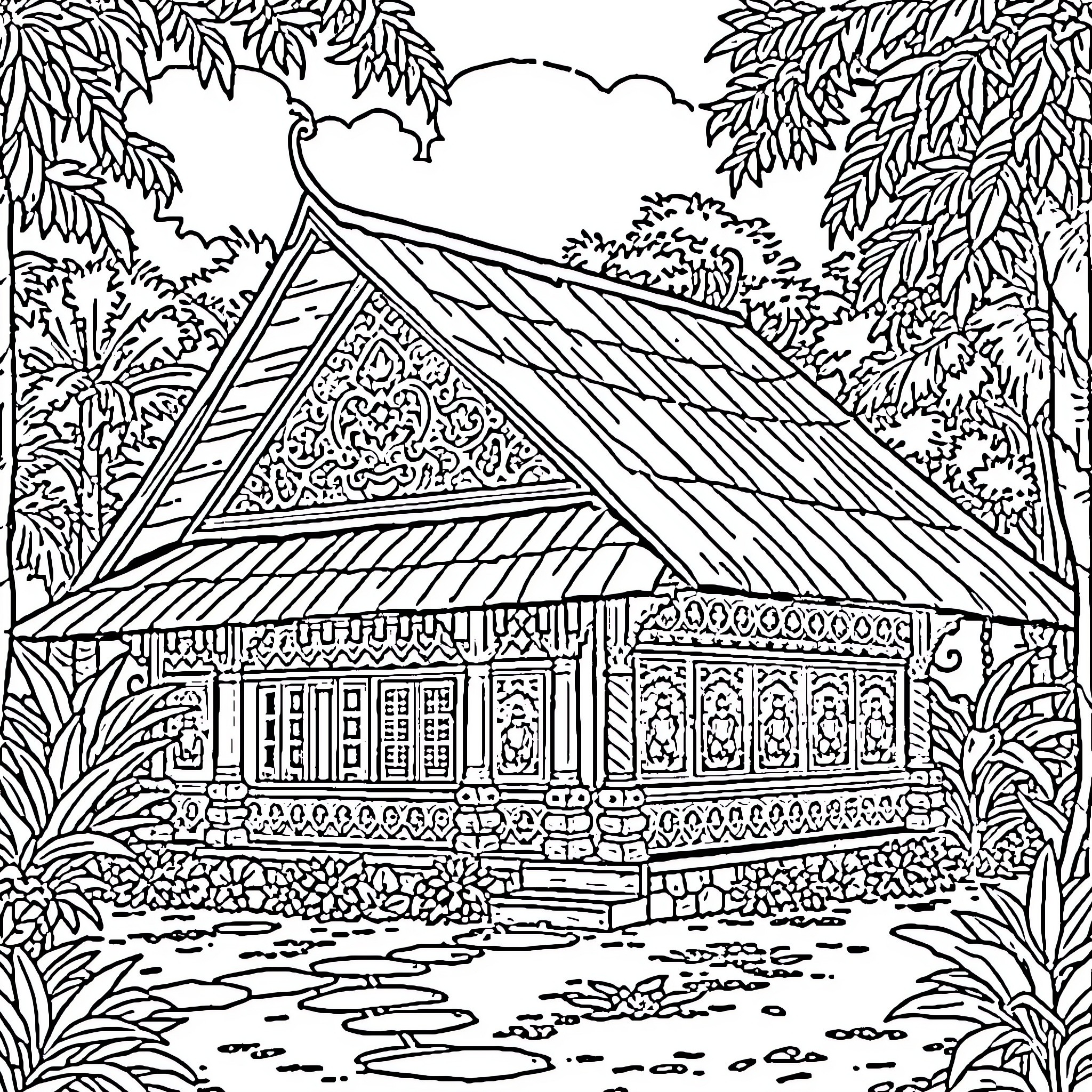 Traditional House with Ornate Architecture in Lush Landscape Coloring Page (free black-and-white line drawing printable PDF for all, from beginners to advanced learners, including children, teens, adults, and seniors)