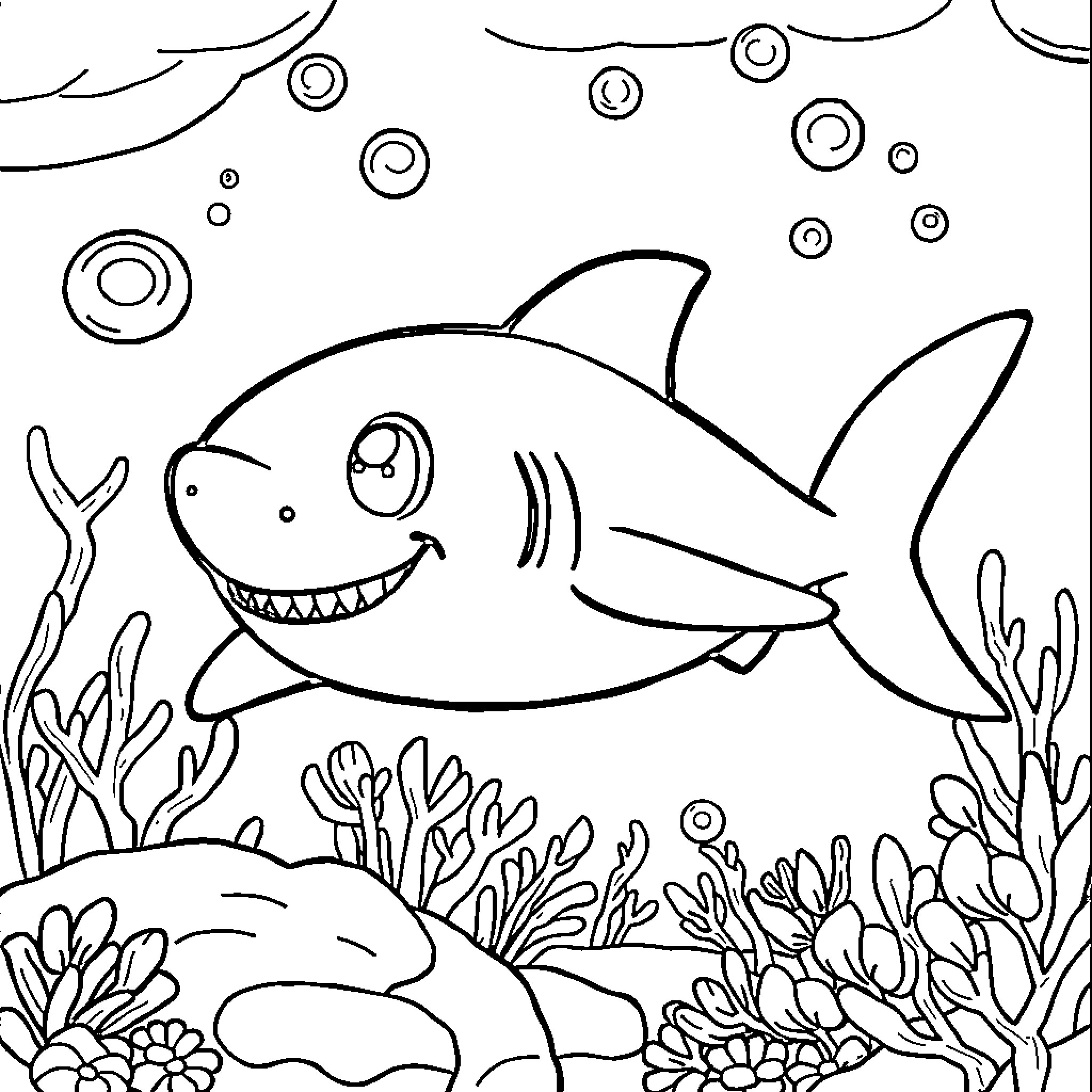 Shark swimming joyfully in underwater scene Coloring Page (free black-and-white line drawing printable PDF for all, from beginners to advanced learners, including children, teens, adults, and seniors)