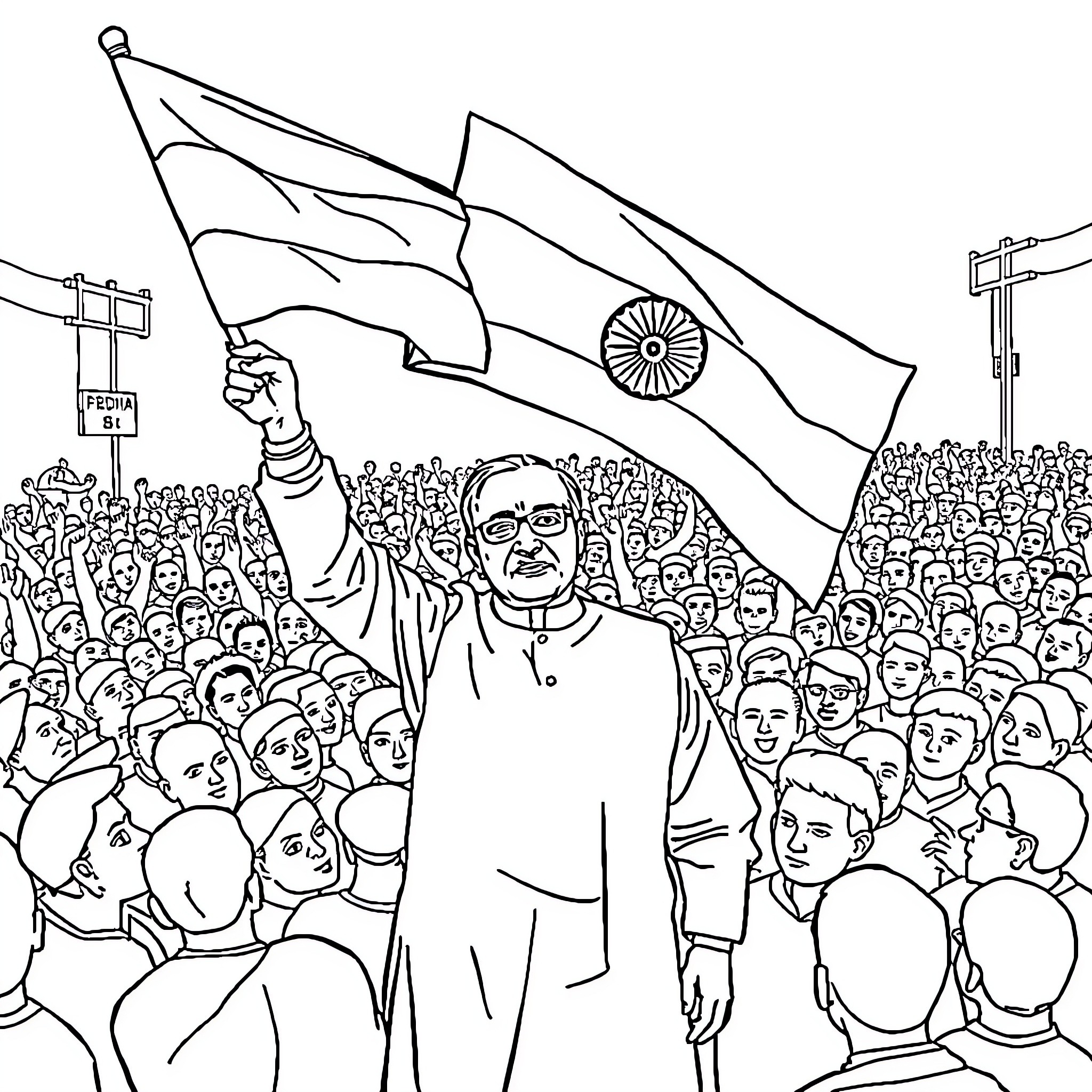 Nehru addressing a crowd with the Indian flag Coloring Page (free black-and-white line drawing printable PDF for all, from beginners to advanced learners, including children, teens, adults, and seniors)