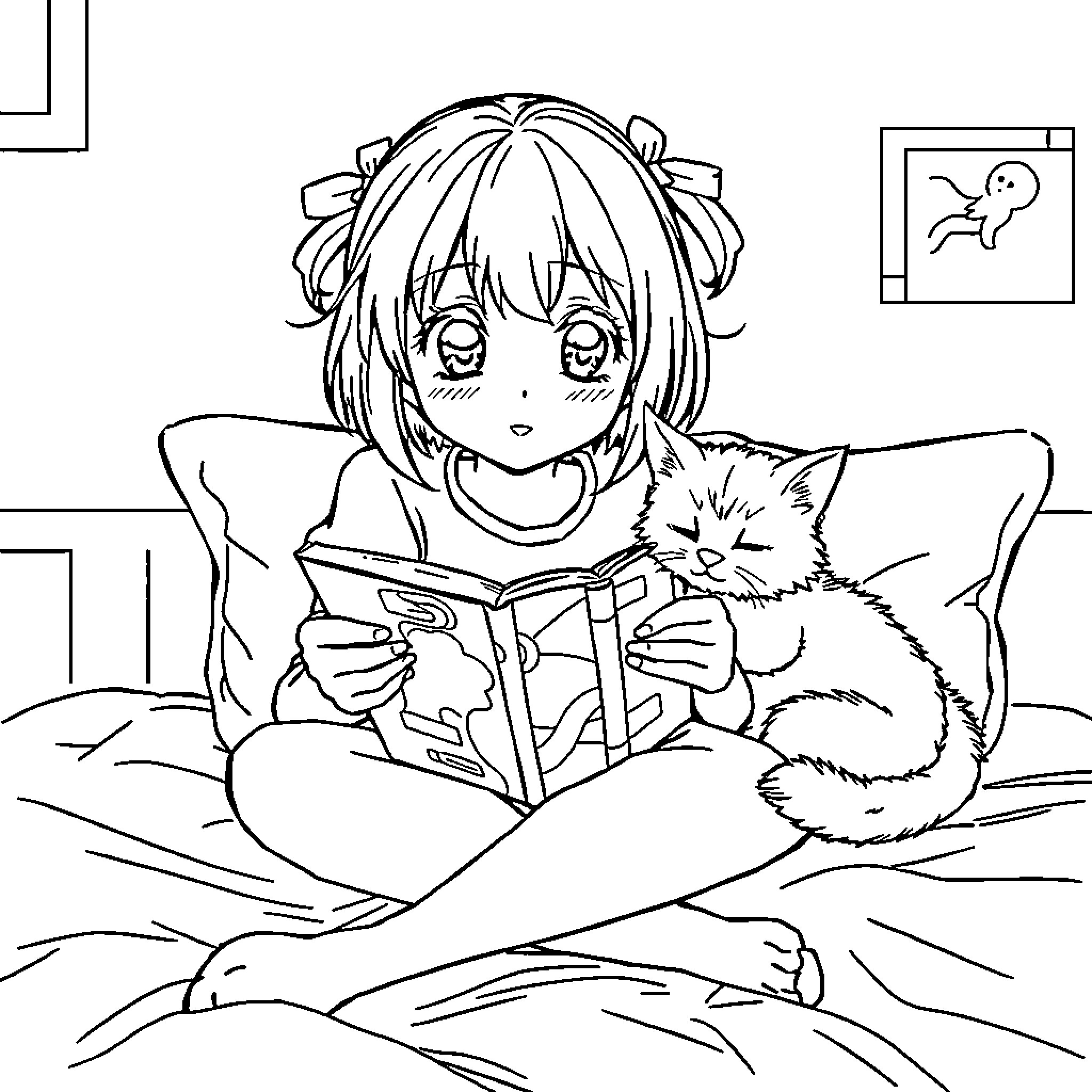 Anime Girl Reading a Book with a Cat Coloring Page (free black-and-white line drawing printable PDF for all, from beginners to advanced learners, including children, teens, adults, and seniors)