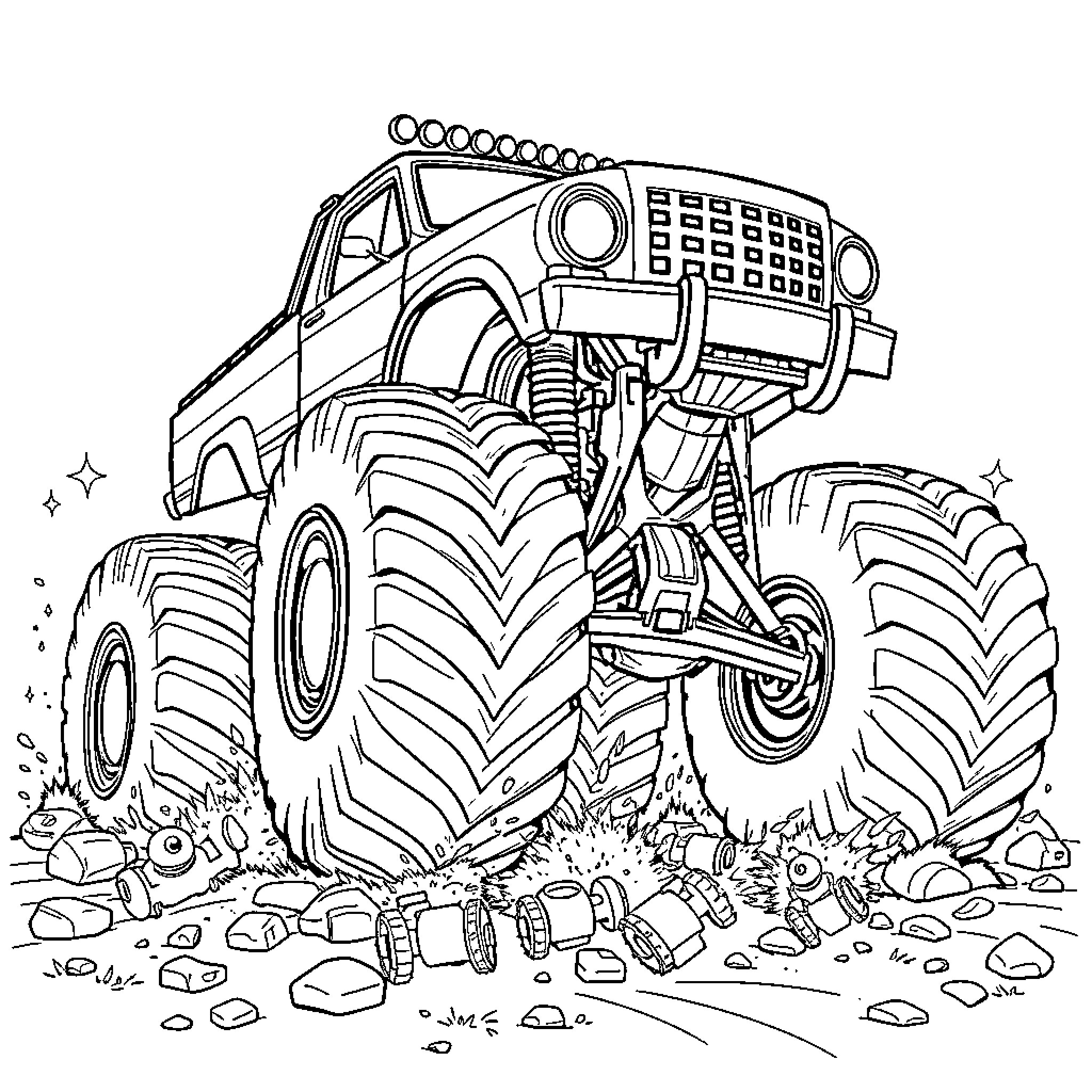 Monster Truck crushing through rugged terrain Coloring Page (free black-and-white line drawing printable PDF for all, from beginners to advanced learners, including children, teens, adults, and seniors)