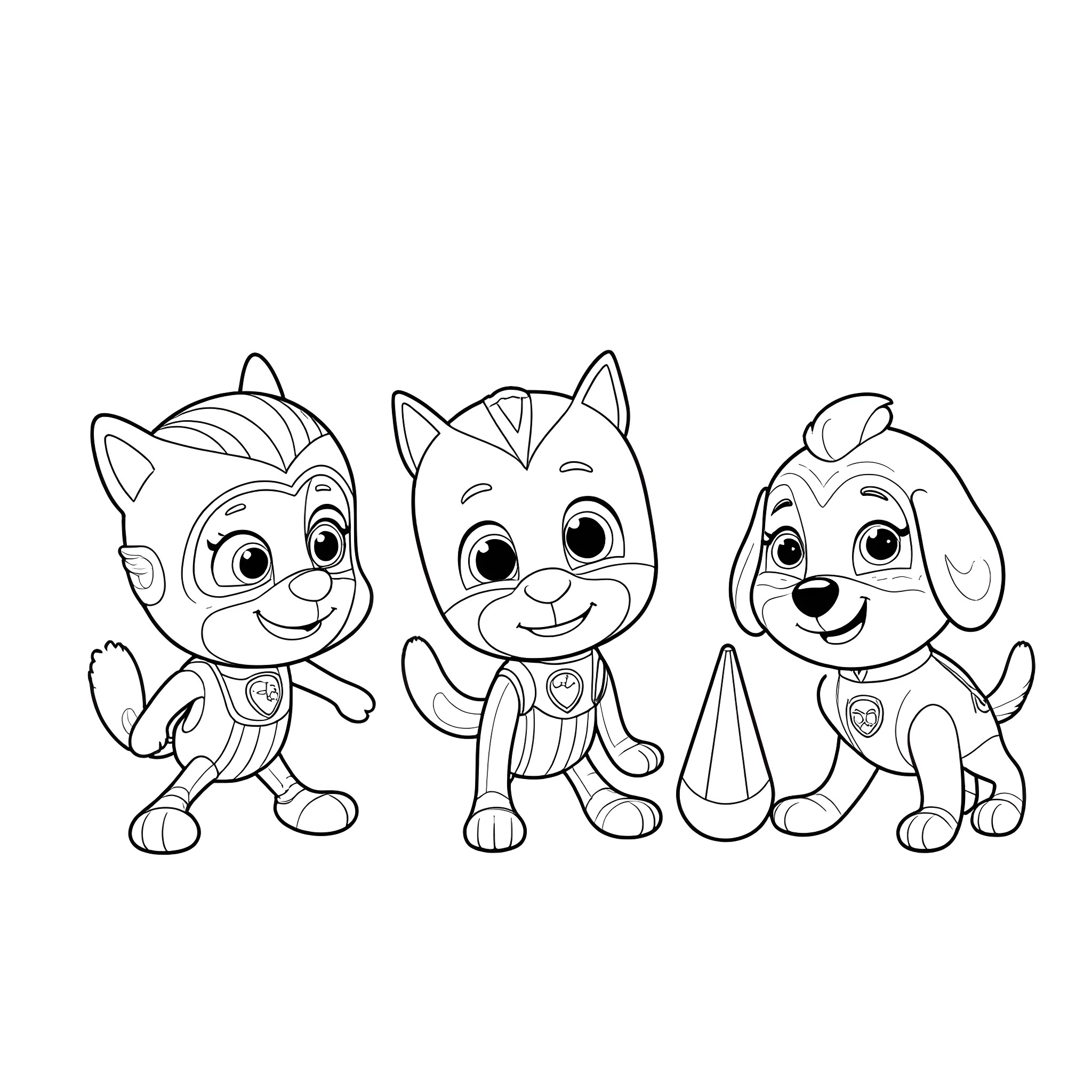 Pj Masks characters in action poses Coloring Page (free black-and-white line drawing printable PDF for all, from beginners to advanced learners, including children, teens, adults, and seniors)