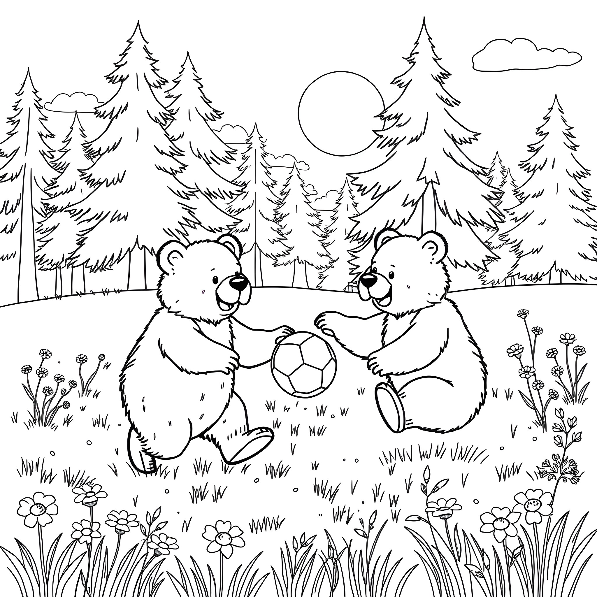 Bears playing with a soccer ball in the forest Coloring Page (free black-and-white line drawing printable PDF for all, from beginners to advanced learners, including children, teens, adults, and seniors)