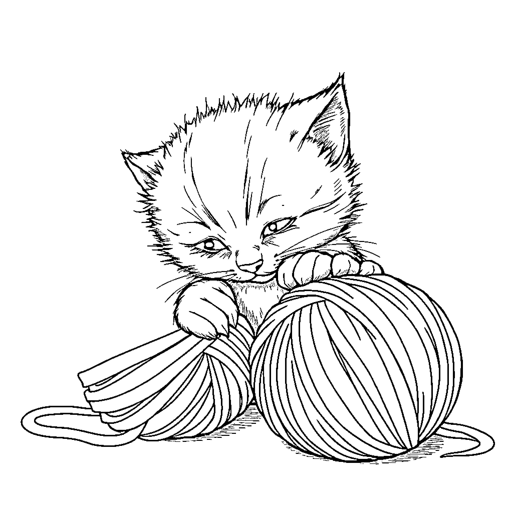 Kitten Plays with Yarn Ball Coloring Page (free black-and-white line drawing printable PDF for all, from beginners to advanced learners, including children, teens, adults, and seniors)