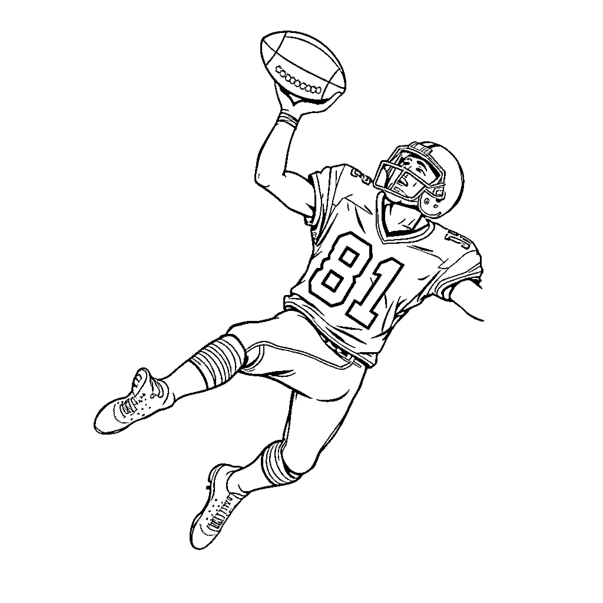 Football Player Catching a Pass Coloring Page (free black-and-white line drawing printable PDF for all, from beginners to advanced learners, including children, teens, adults, and seniors)