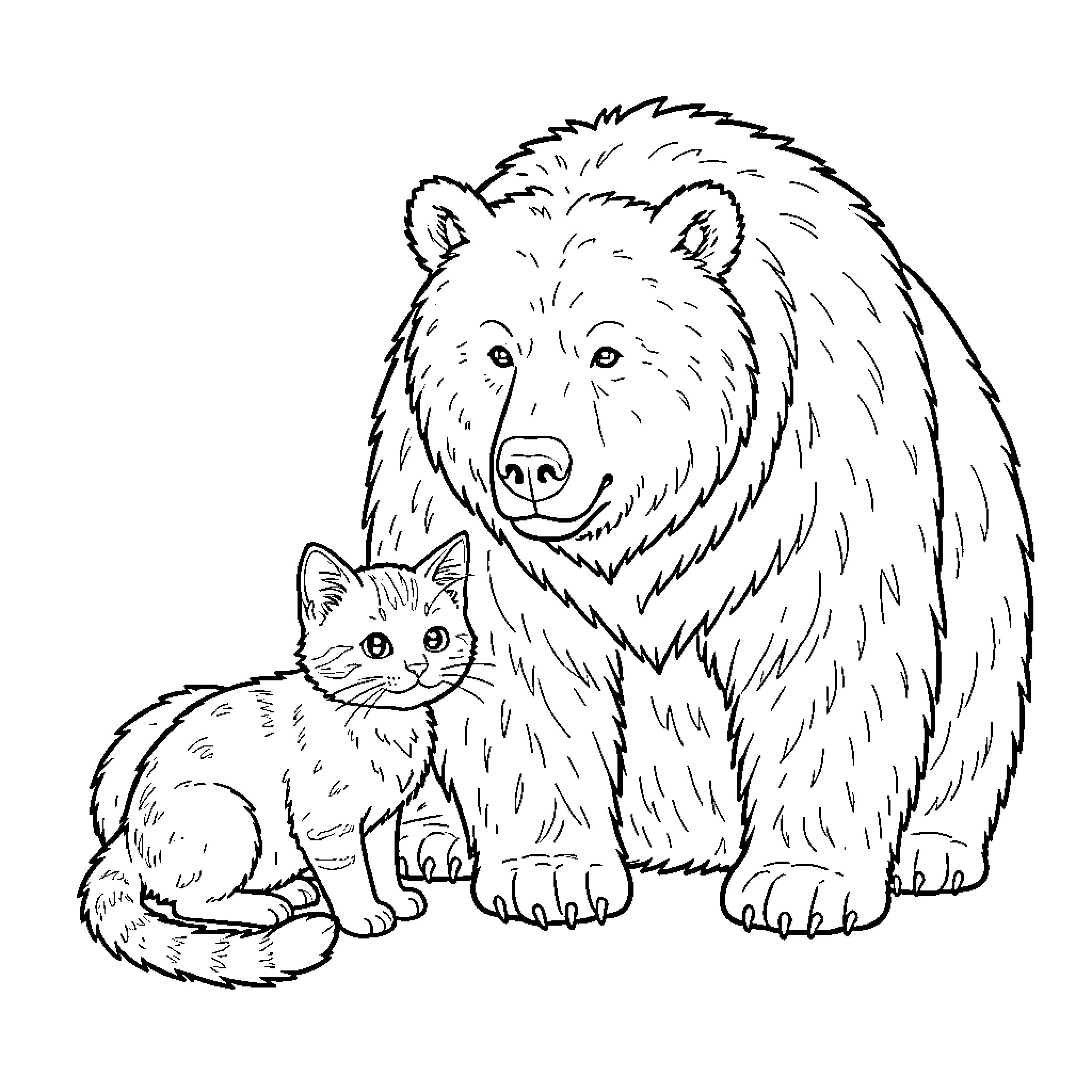 Cat and Bear Companions Coloring Page (free black-and-white line drawing printable PDF for all, from beginners to advanced learners, including children, teens, adults, and seniors)