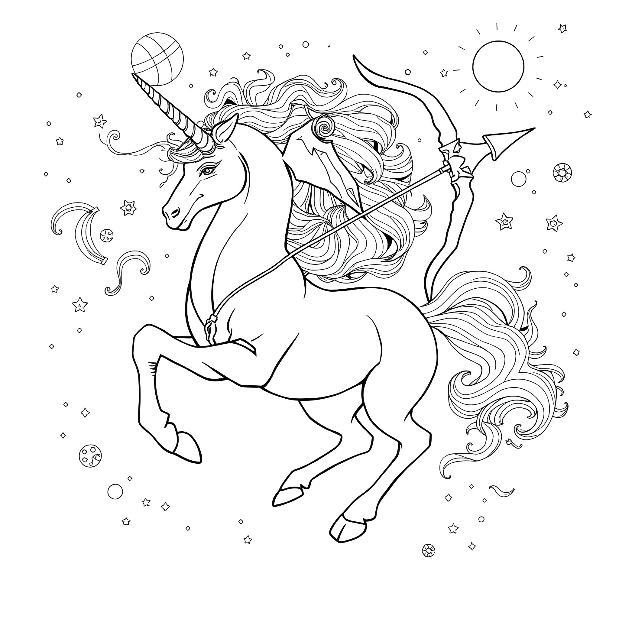 Sagittarius unicorn shooting arrows among the stars Coloring Page (free black-and-white line drawing printable PDF for all, from beginners to advanced learners, including children, teens, adults, and seniors)