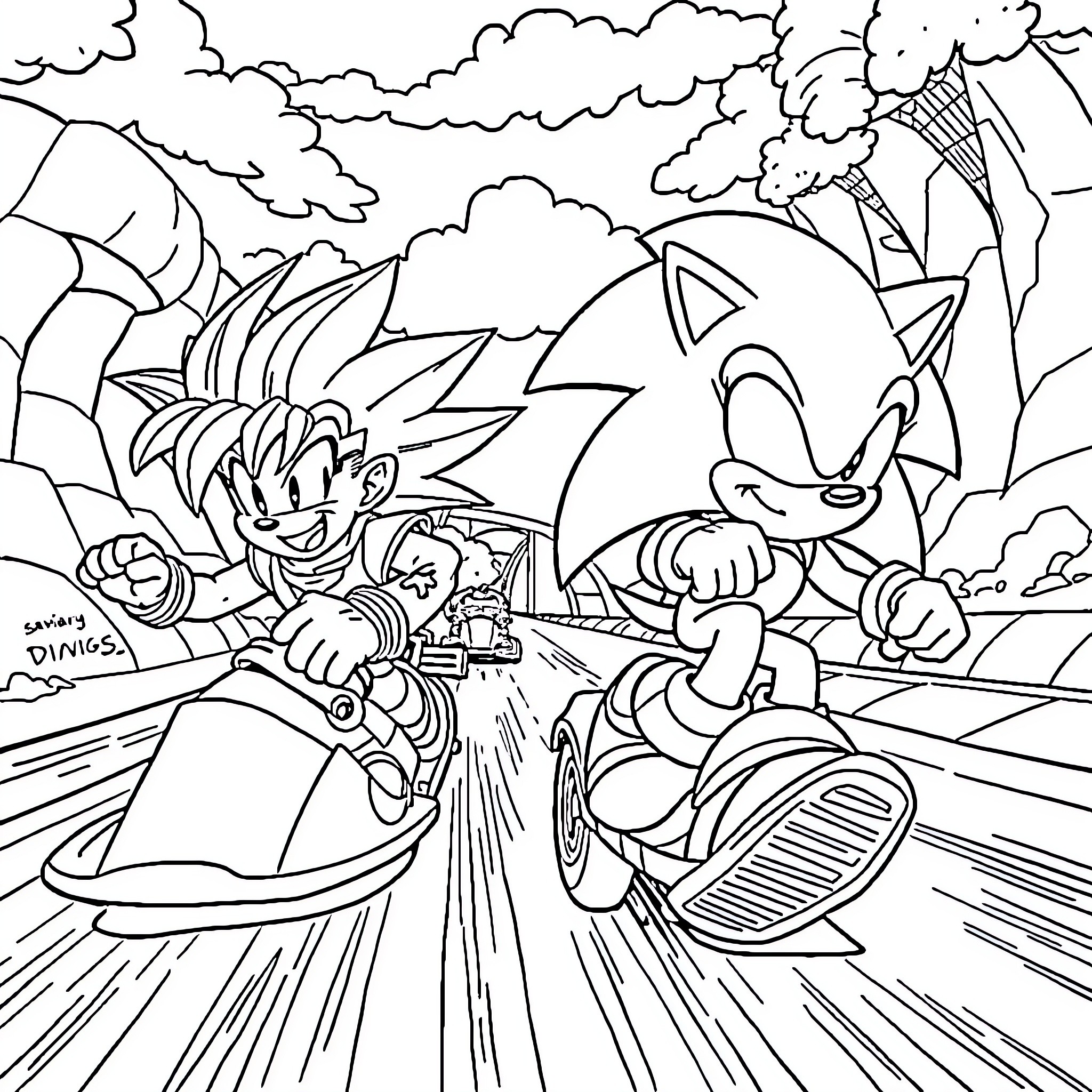 Sonic and Friends Racing Through the Clouds Coloring Page (free black-and-white line drawing printable PDF for all, from beginners to advanced learners, including children, teens, adults, and seniors)