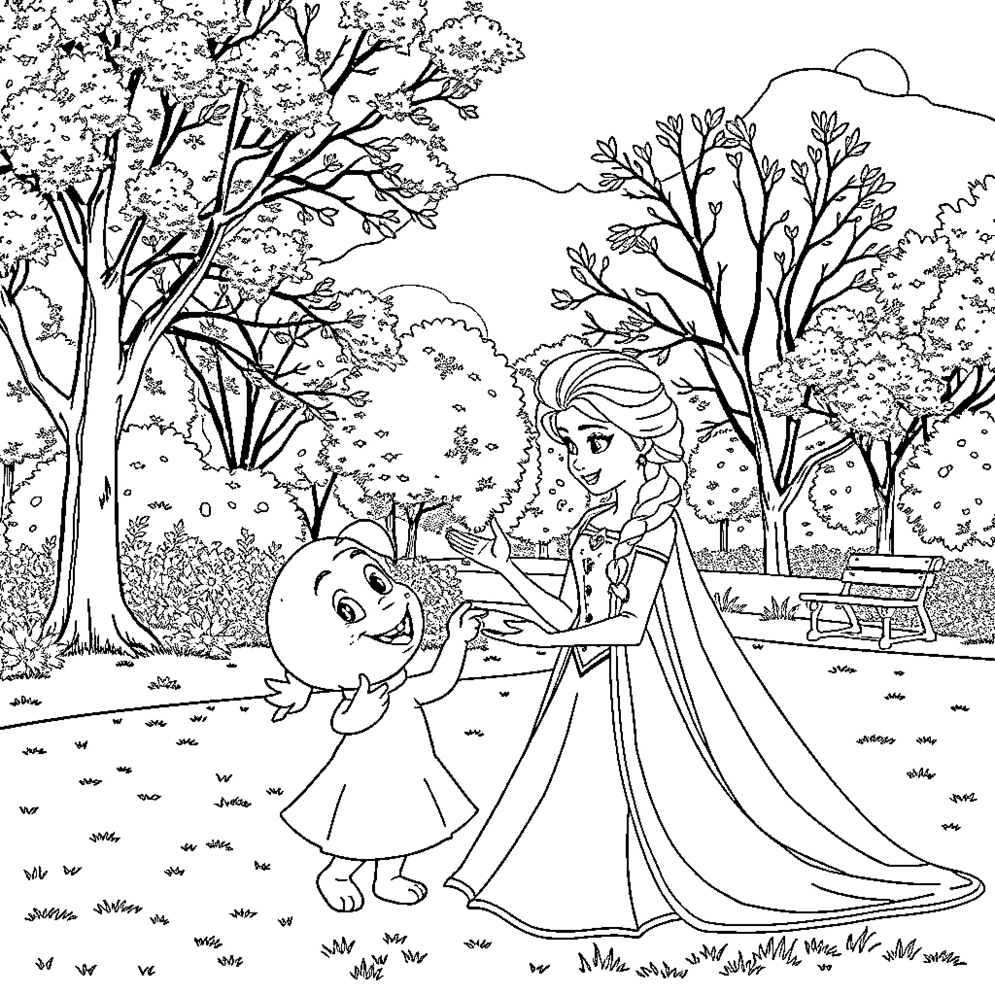 Elsa caring for a magical companion in the forest Coloring Page (free black-and-white line drawing printable PDF for all, from beginners to advanced learners, including children, teens, adults, and seniors)