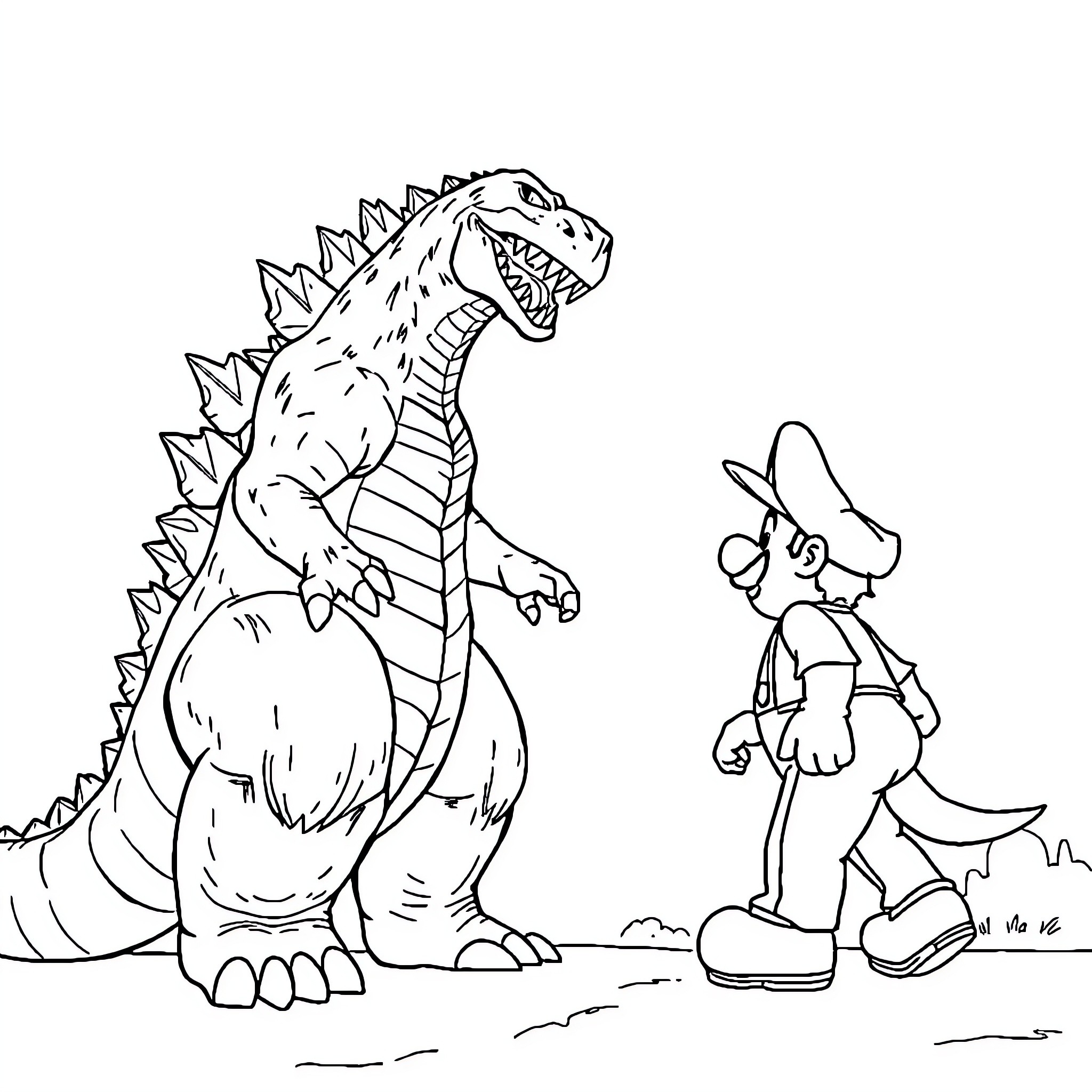 Godzilla menacing a small cartoon character Coloring Page (free black-and-white line drawing printable PDF for all, from beginners to advanced learners, including children, teens, adults, and seniors)