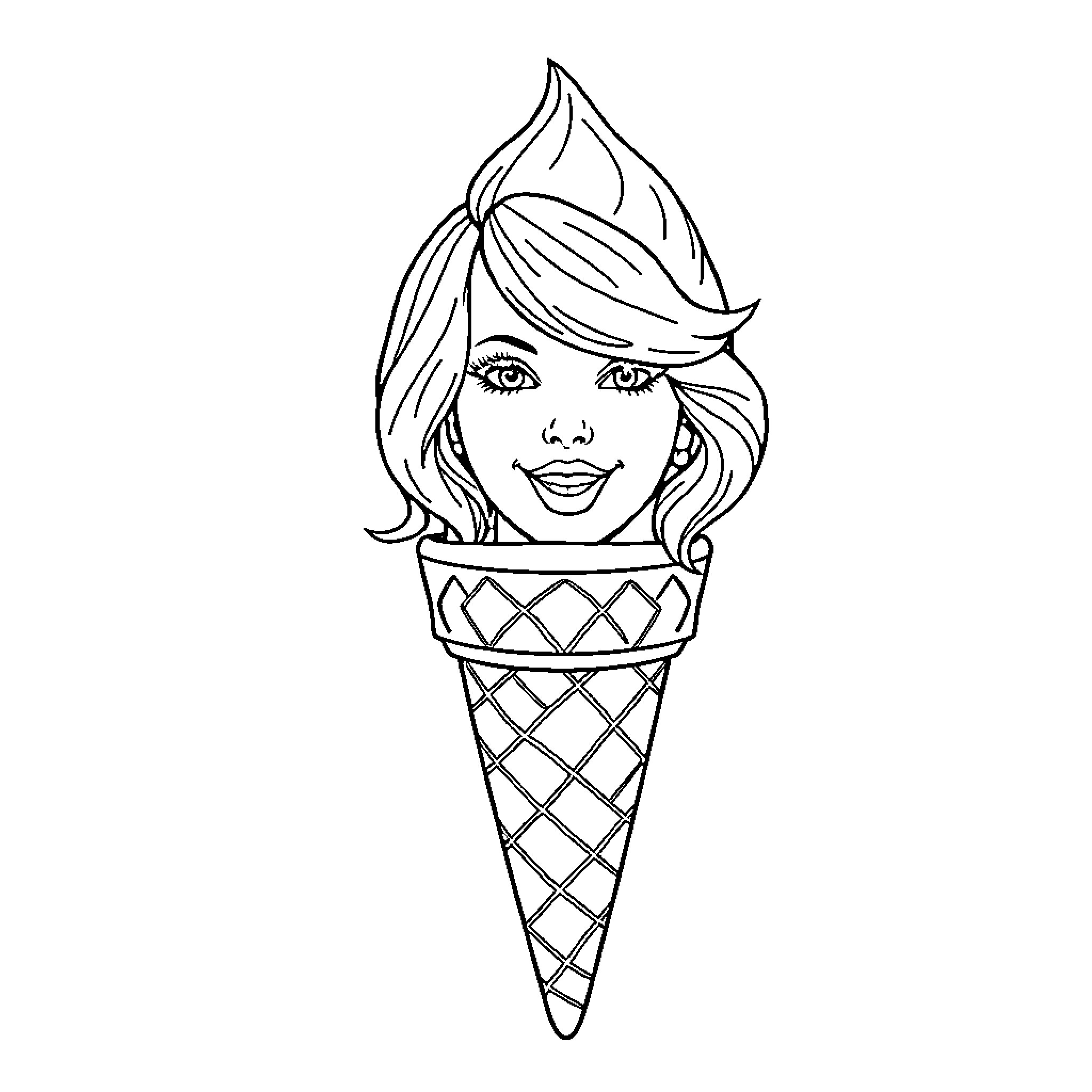 Ice Cream Cone with Happy Girl's Face Coloring Page (free black-and-white line drawing printable PDF for all, from beginners to advanced learners, including children, teens, adults, and seniors)