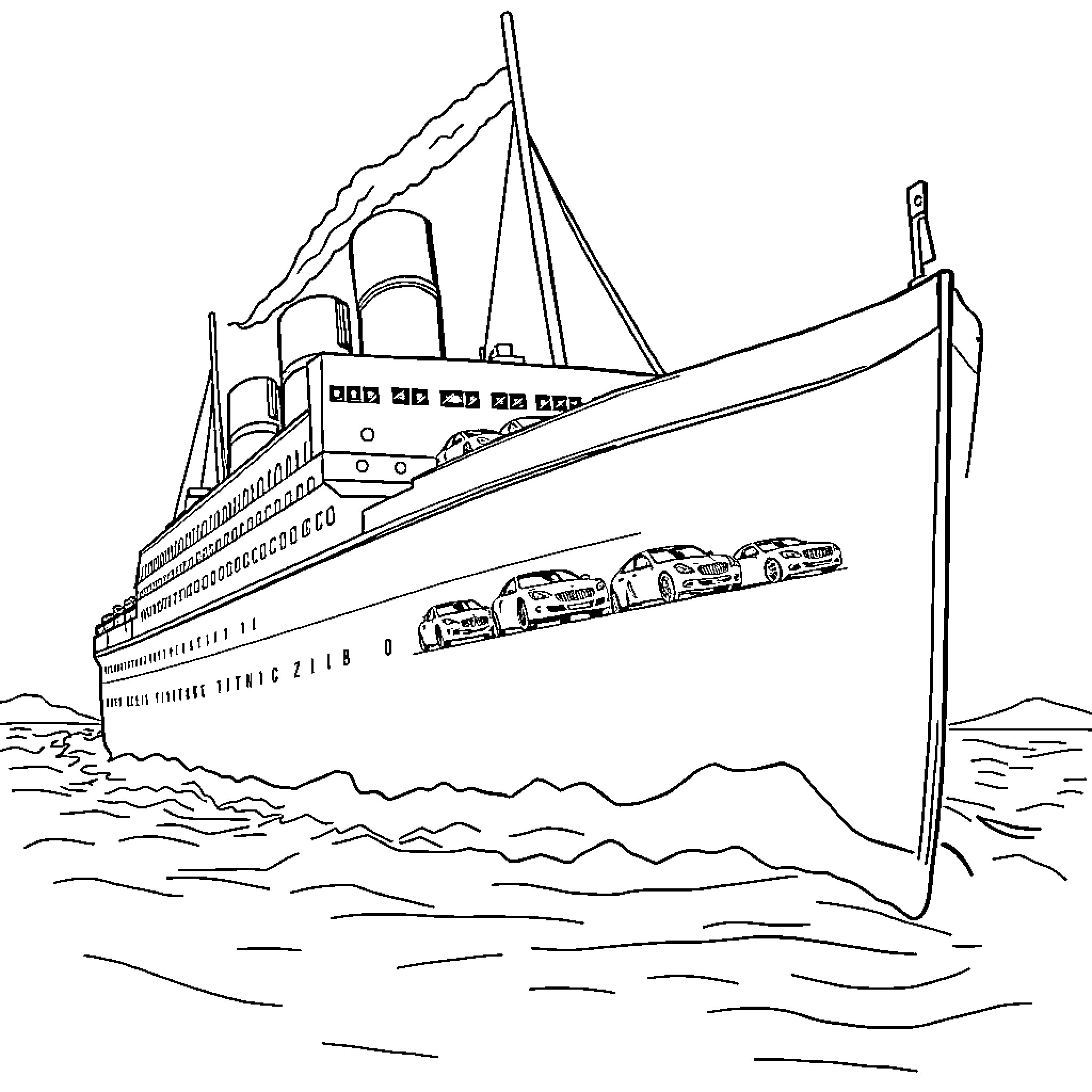 Titanic cruise ship sailing on the open sea Coloring Page (free black-and-white line drawing printable PDF for all, from beginners to advanced learners, including children, teens, adults, and seniors)