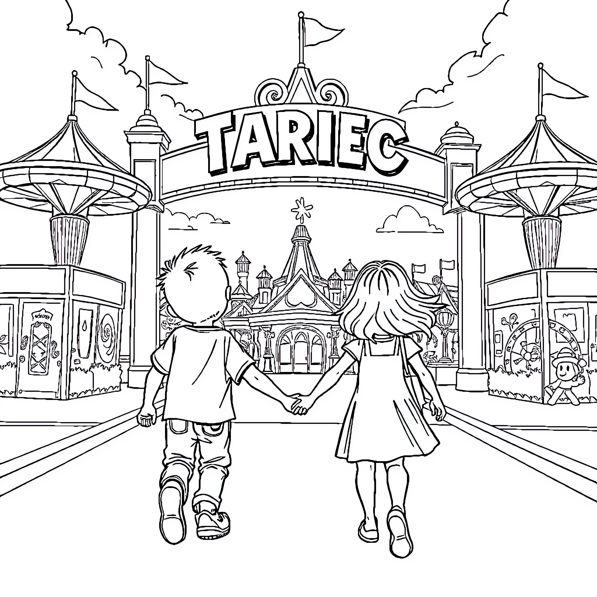 Child exploring amusement park together Coloring Page (free black-and-white line drawing printable PDF for all, from beginners to advanced learners, including children, teens, adults, and seniors)