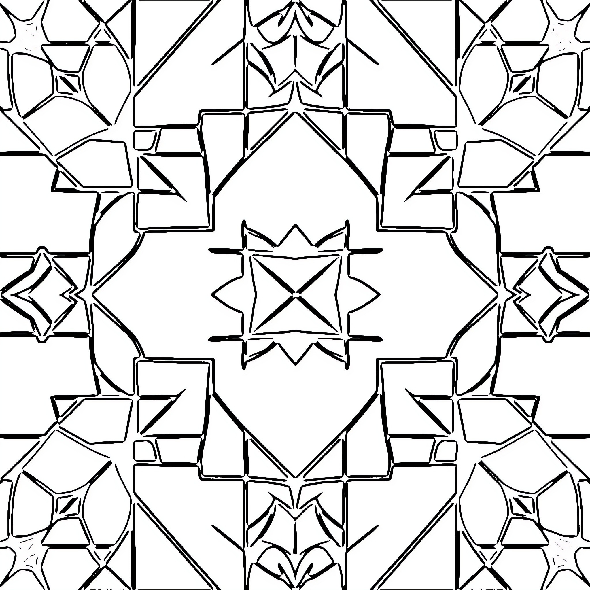 Geometric Monochrome Kaleidoscopic Patterns Coloring Page (free black-and-white line drawing printable PDF for all, from beginners to advanced learners, including children, teens, adults, and seniors)