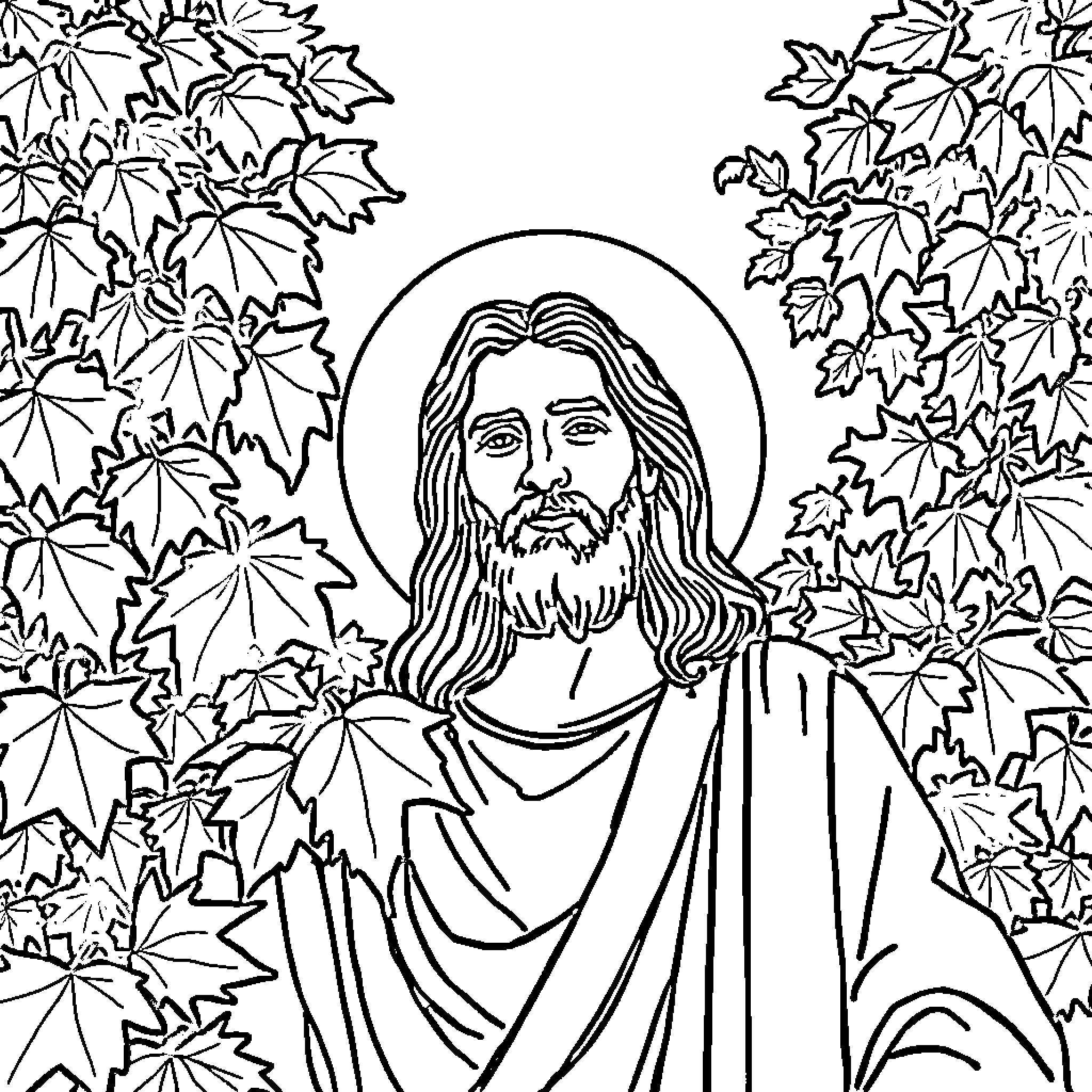 Jesus amidst the verdant leaves and branches Coloring Page (free black-and-white line drawing printable PDF for all, from beginners to advanced learners, including children, teens, adults, and seniors)