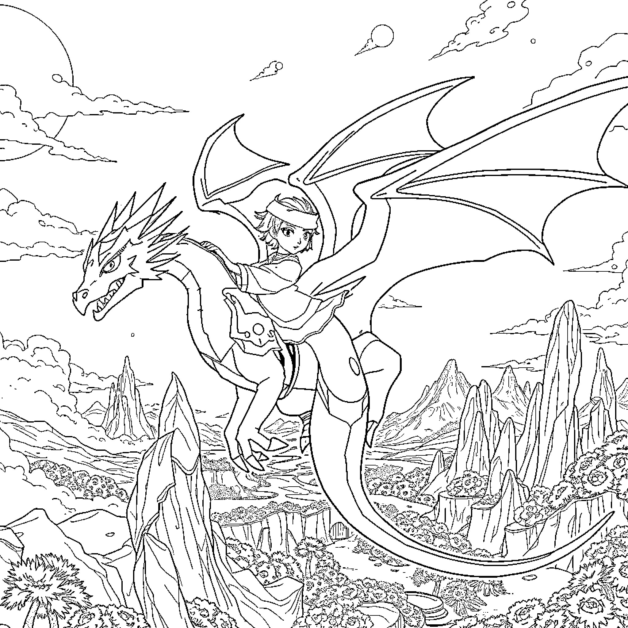 Ruby and the Majestic Dragon Soar through the Skies Coloring Page (free black-and-white line drawing printable PDF for all, from beginners to advanced learners, including children, teens, adults, and seniors)