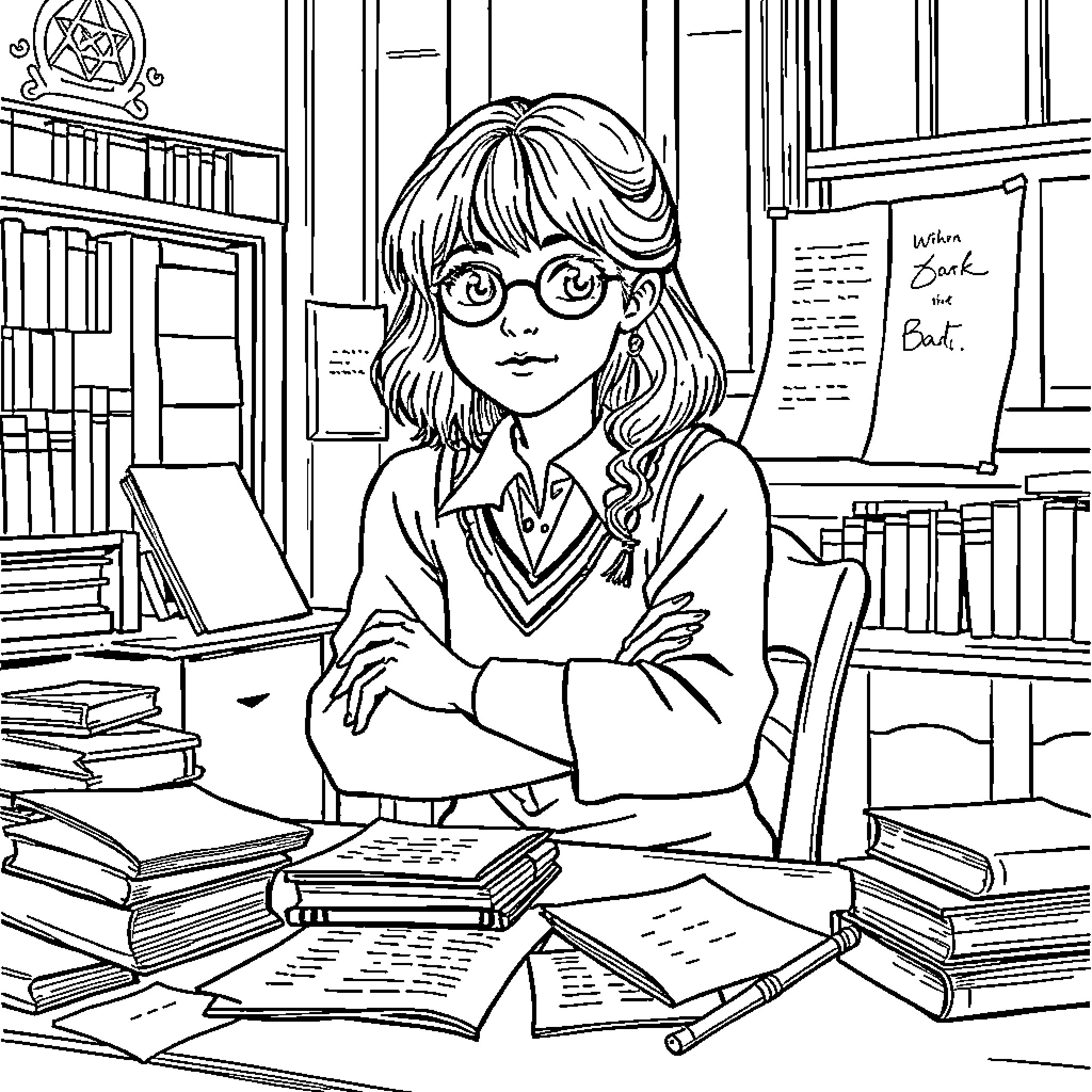 Hermione Granger studying diligently in the library Coloring Page (free black-and-white line drawing printable PDF for all, from beginners to advanced learners, including children, teens, adults, and seniors)