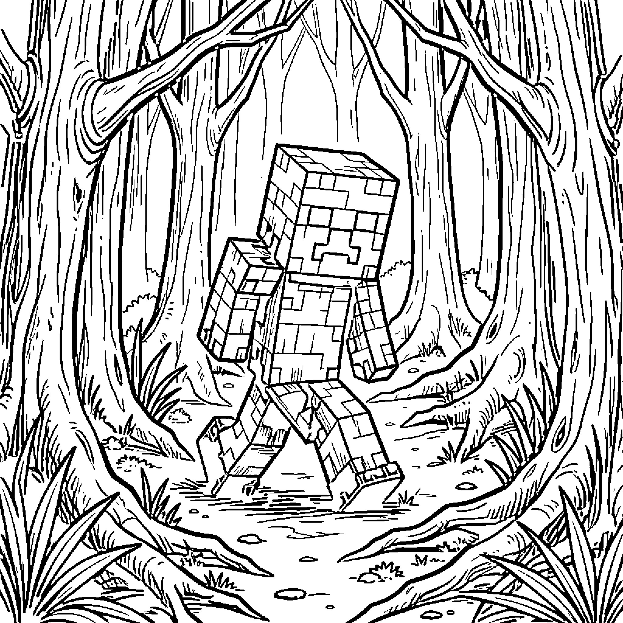 Creeper walking through a dense forest Coloring Page (free black-and-white line drawing printable PDF for all, from beginners to advanced learners, including children, teens, adults, and seniors)